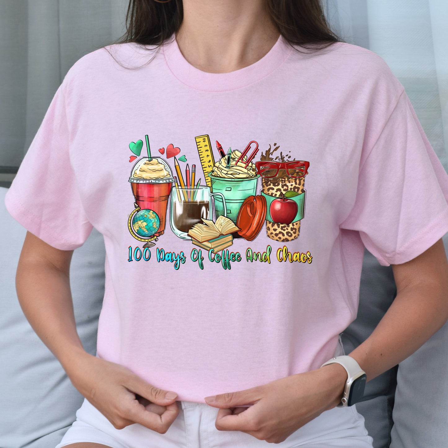 100 days of coffee and chaos coffee cups unisex tshirt 100 days of school S-5XL-Family-Gift-Planet
