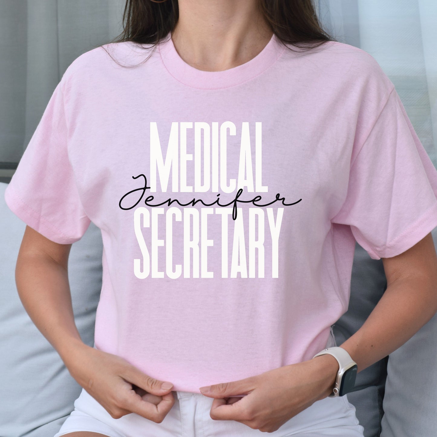 Personalized Medical Secretary T-Shirt gift Custom name Medical Receptionist Unisex Tee Sand Pink Blue-Light Pink-Family-Gift-Planet