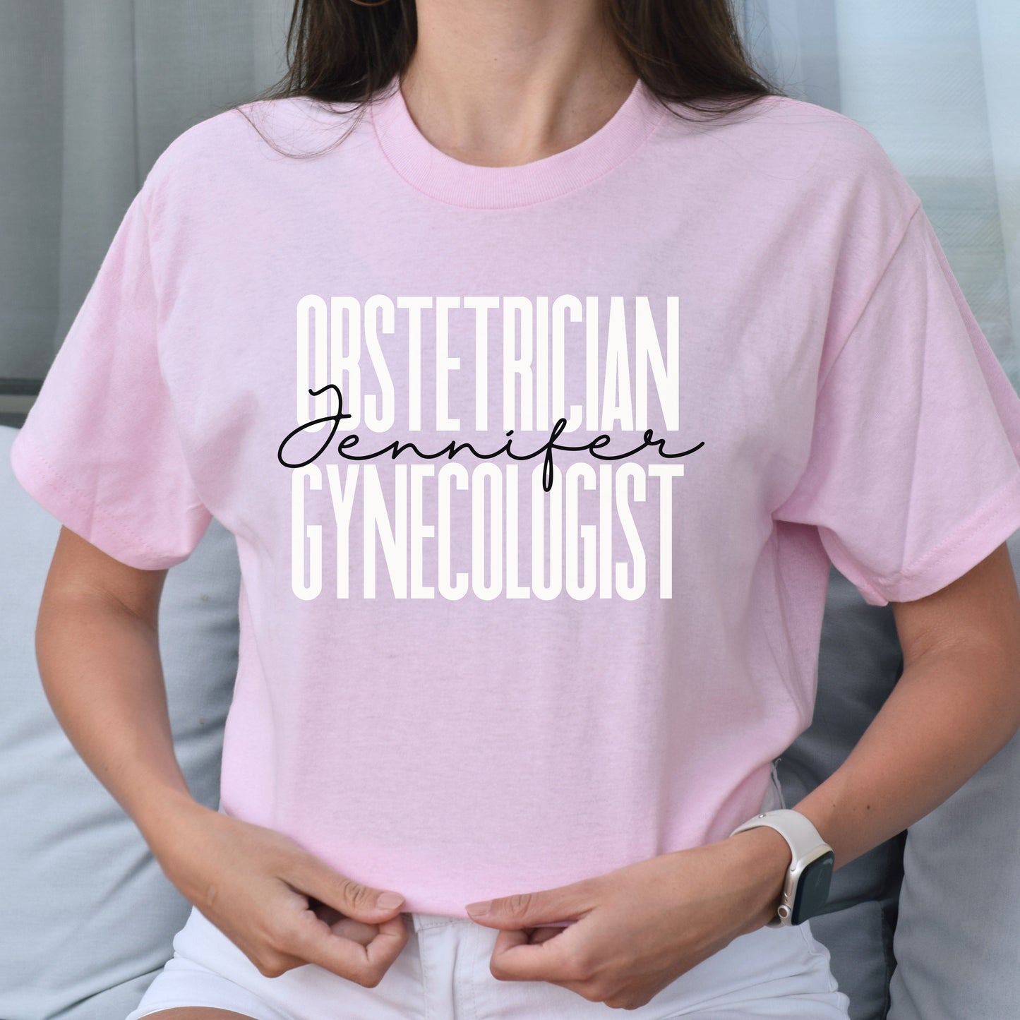 Personalized Obstetrician Gynecologist T-shirt gift OBGYN nurse Unisex Tee Sand Pink Light Blue-Light Pink-Family-Gift-Planet