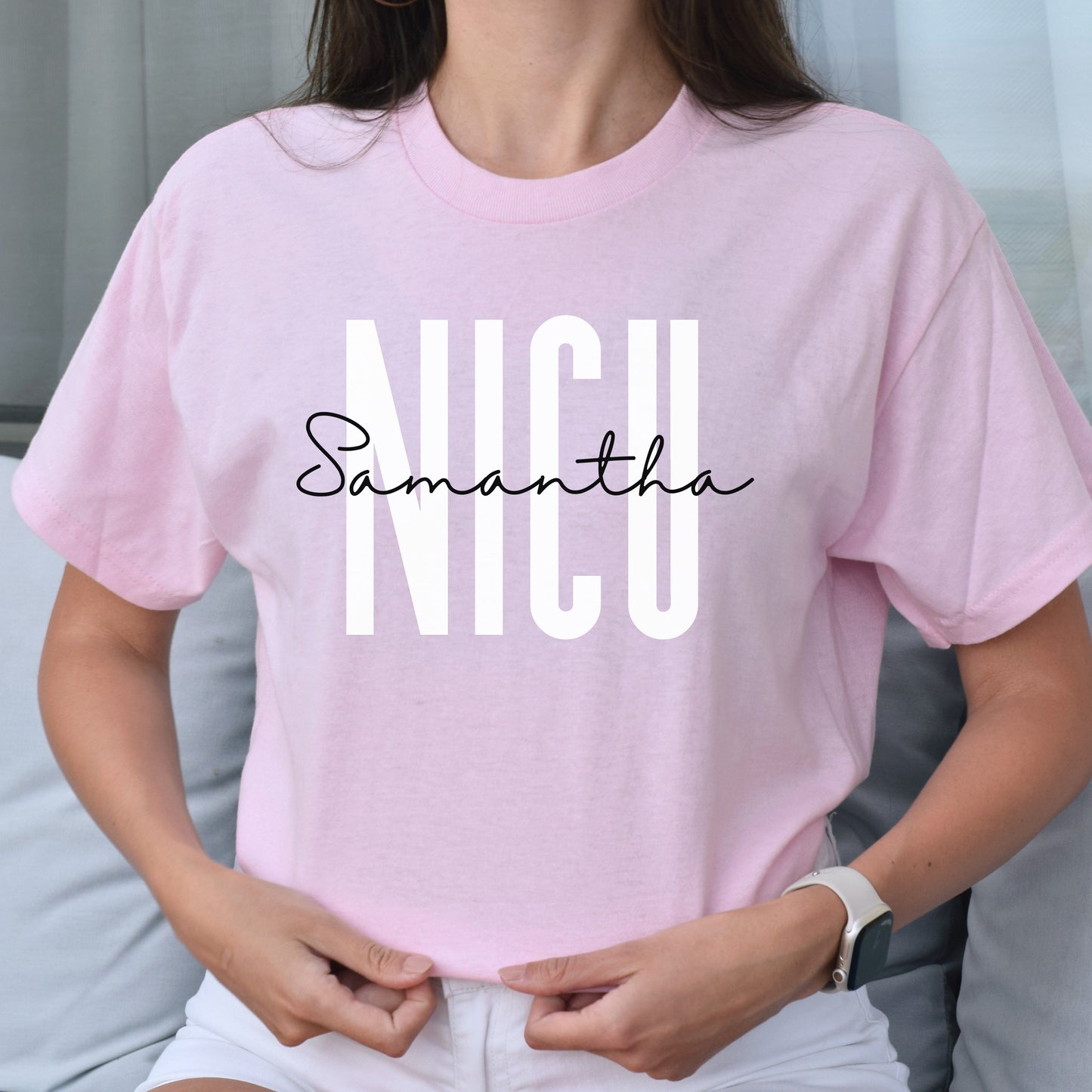 Personalized NICU T-Shirt gift Custom name Neonatal Intensive Care nurse Unisex Tee Sand Pink Blue-Light Pink-Family-Gift-Planet