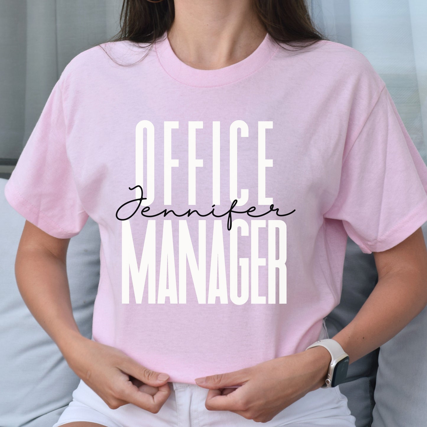 Personalized Office manager T-shirt gift Front Office squad Unisex Tee Sand Pink Light Blue-Light Pink-Family-Gift-Planet