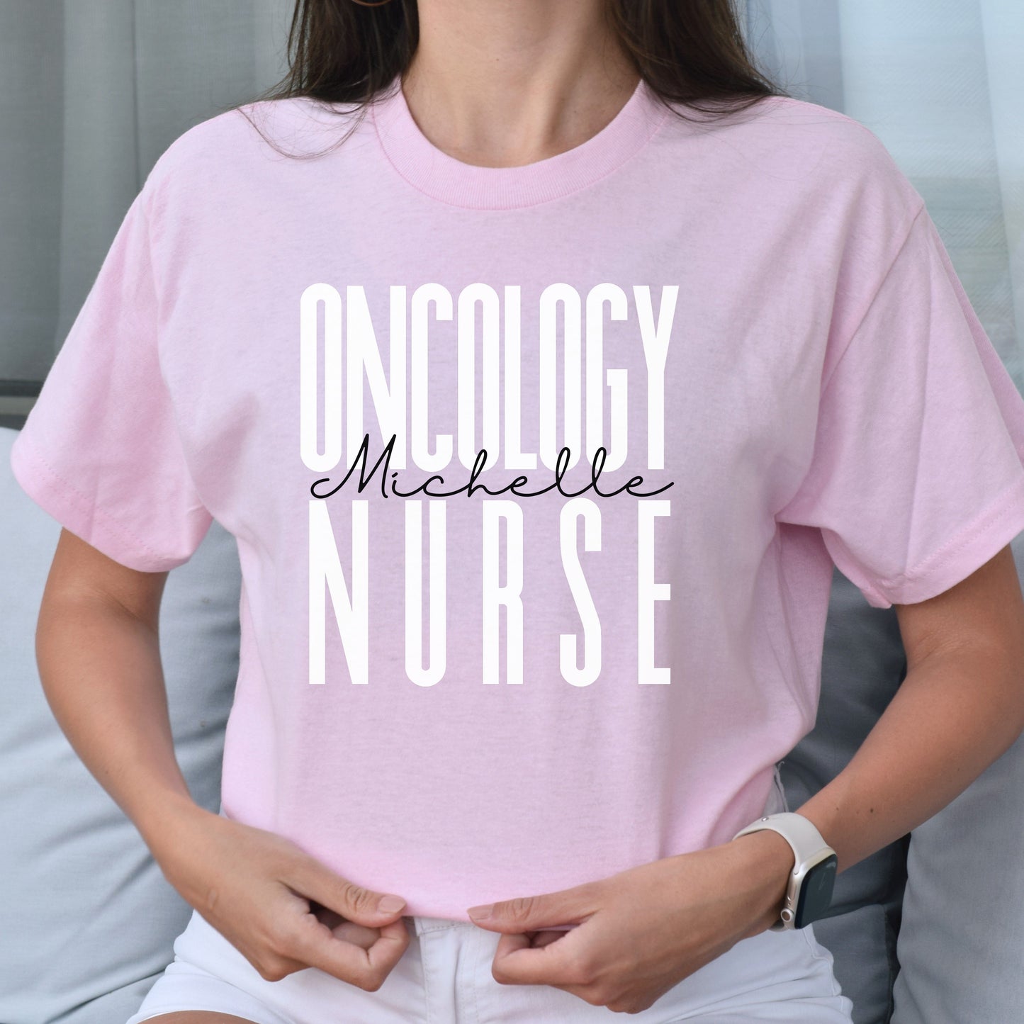 Personalized Oncology nurse T-shirt gift Custom name Chemo infusion nurse Unisex Tee Sand Pink Light Blue-Light Pink-Family-Gift-Planet