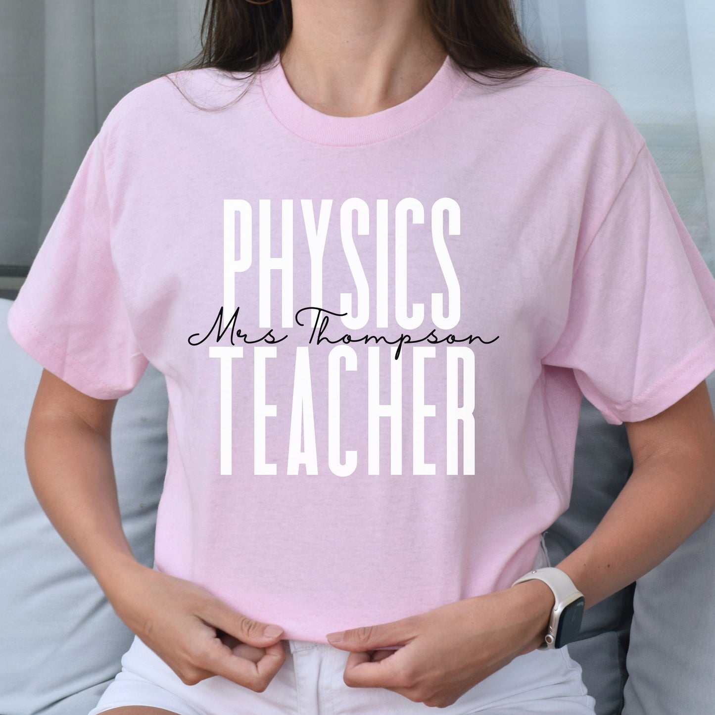Personalized Physics teacher T-shirt gift Custom name Science Teacher Unisex Tee Sand Pink Light Blue-Light Pink-Family-Gift-Planet