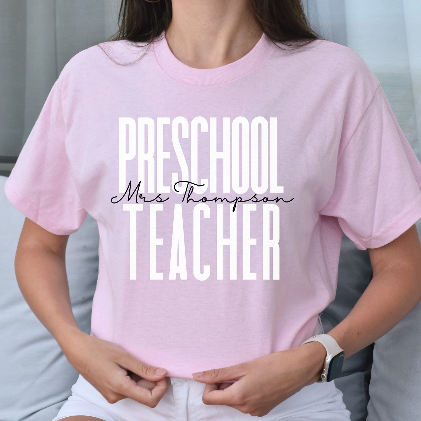Personalized preschool teacher T-shirt gift Custom name kindergarten teacher Unisex Tee Sand Pink Light Blue-Light Pink-Family-Gift-Planet