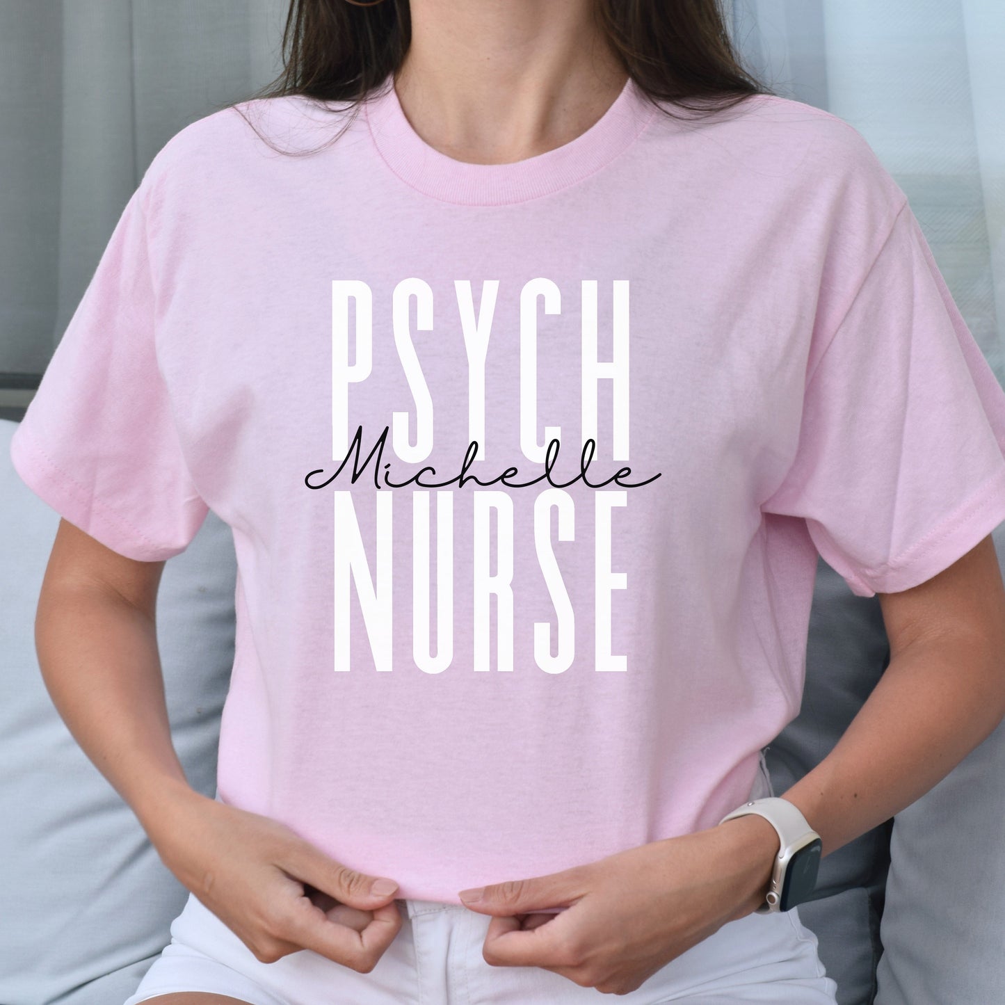 Personalized psych nurse T-shirt gift Custom name Mental health Psychiatric nurse Unisex Tee Sand Pink Light Blue-Light Pink-Family-Gift-Planet