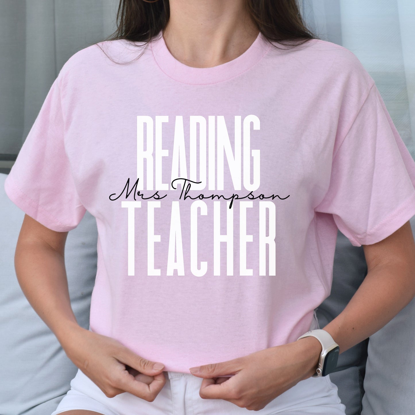 Personalized reading teacher T-shirt gift Custom name Literacy teacher reading squad Unisex Tee Sand Pink Light Blue-Light Pink-Family-Gift-Planet
