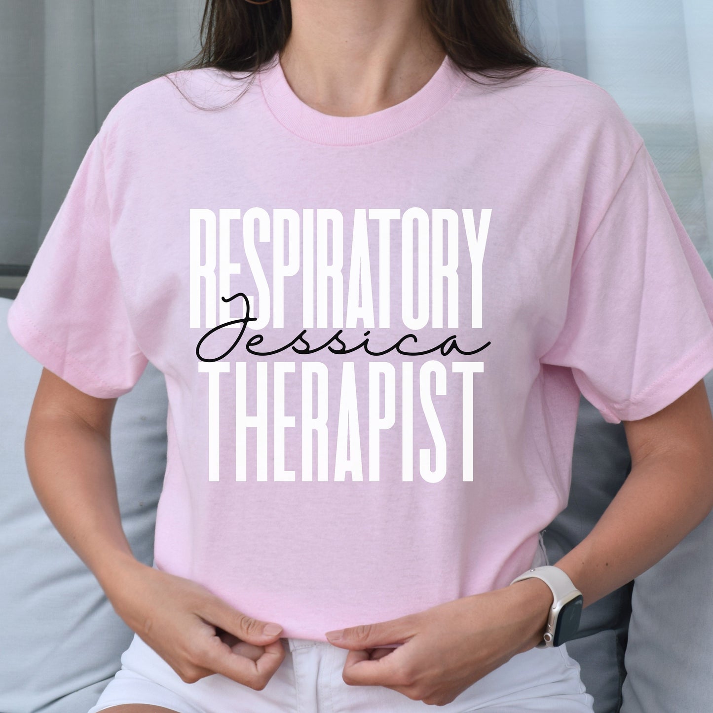 Personalized respiratory therapist T-shirt gift Custom name Pulmonology RT Unisex Tee Sand Pink Light Blue-Light Pink-Family-Gift-Planet