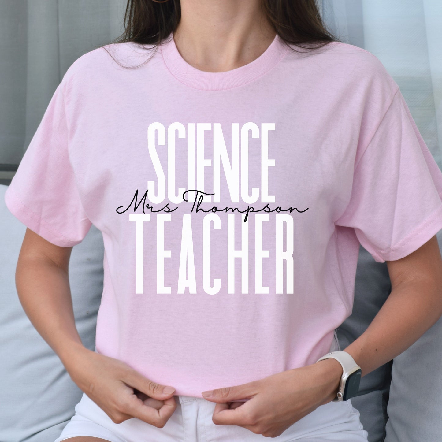 Personalized Science teacher T-shirt gift Custom name School Scientist Unisex Tee Sand Pink Light Blue-Light Pink-Family-Gift-Planet