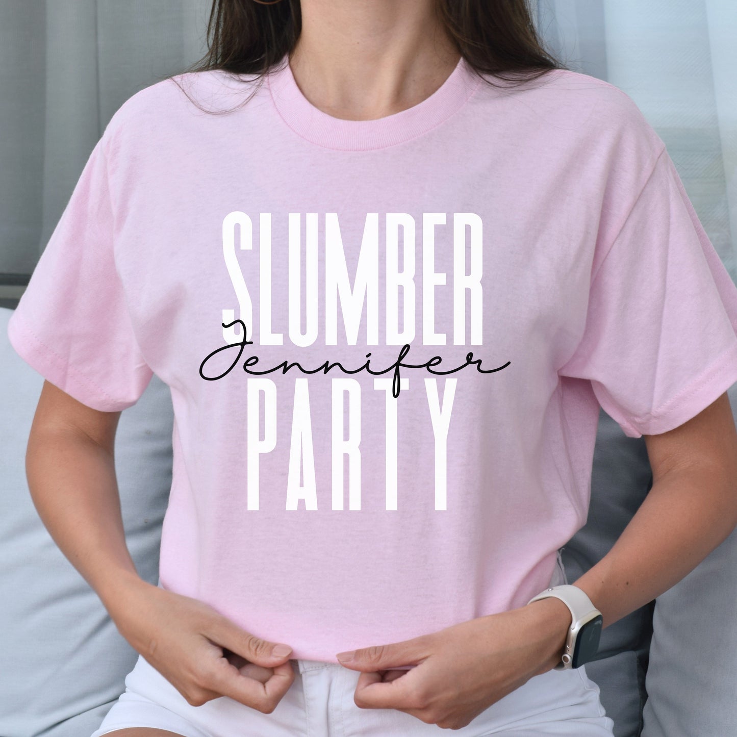 Personalized Slumber party T-shirt gift Custom name sleepover Birthday party Unisex Tee Sand Pink Light Blue-Light Pink-Family-Gift-Planet