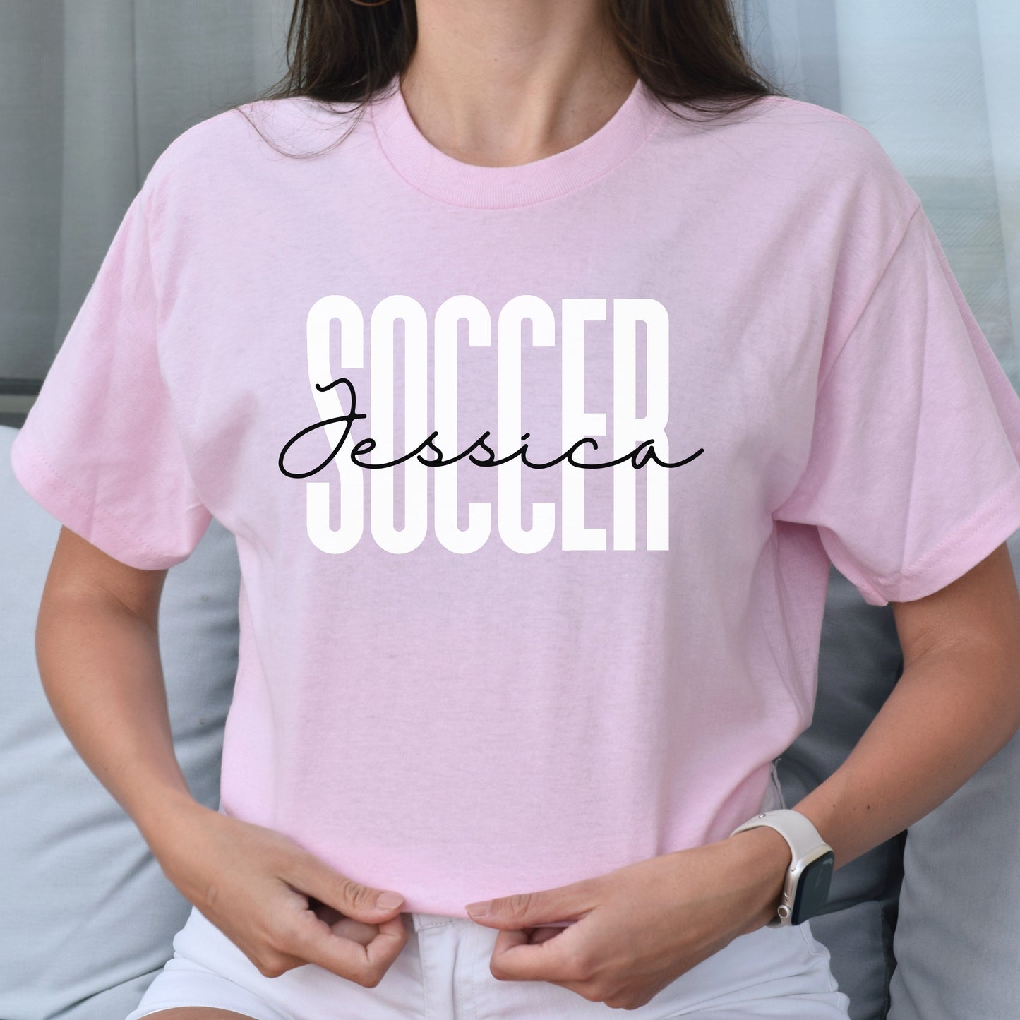 Personalized Soccer T-shirt gift Custom name Soccer player Soccer mom Unisex Tee Sand Pink Light Blue-Light Pink-Family-Gift-Planet