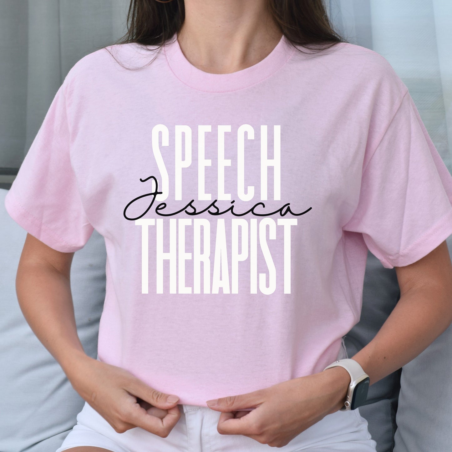 Personalized Speech therapist T-shirt gift Custom name SLP Speech Language Pathologist Unisex Tee Sand Pink Light Blue-Light Pink-Family-Gift-Planet