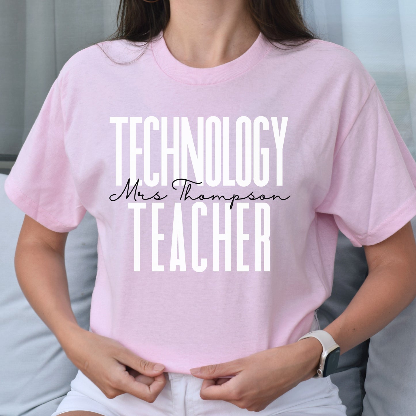 Personalized Technology teacher T-shirt gift Custom name Tech Teacher Unisex Tee Sand Pink Light Blue-Light Pink-Family-Gift-Planet