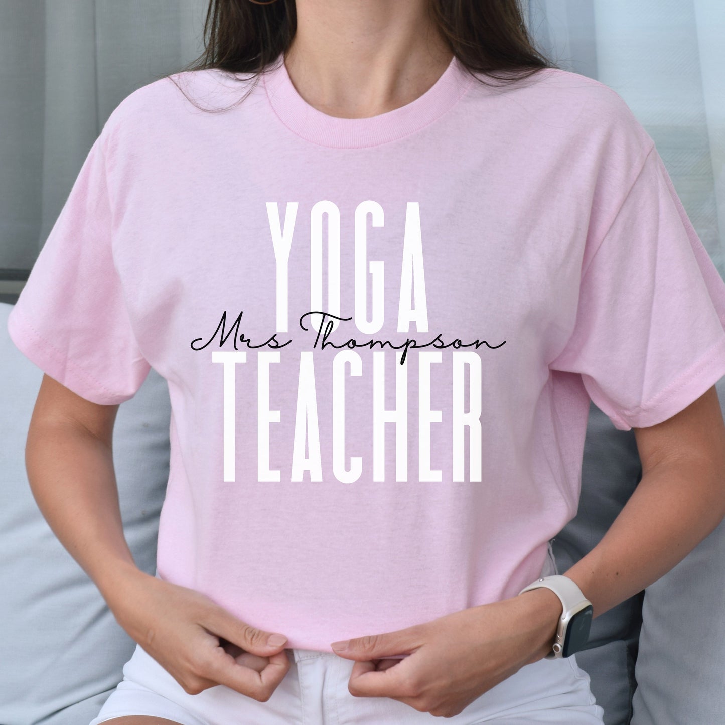 Personalized Yoga teacher T-shirt gift Custom name gym yoga educator Unisex Tee Sand Pink Light Blue-Light Pink-Family-Gift-Planet