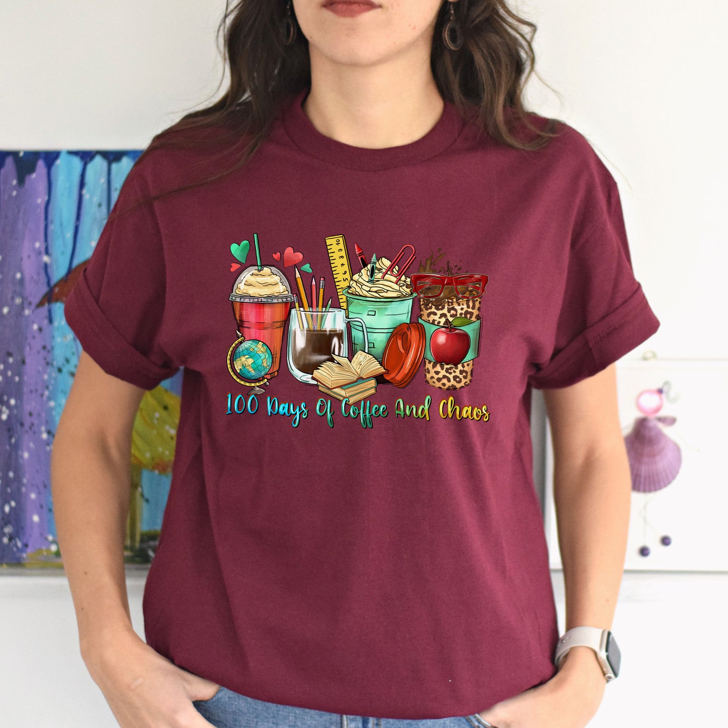 100 days of coffee and chaos coffee cups unisex tshirt 100 days of school S-5XL-Family-Gift-Planet