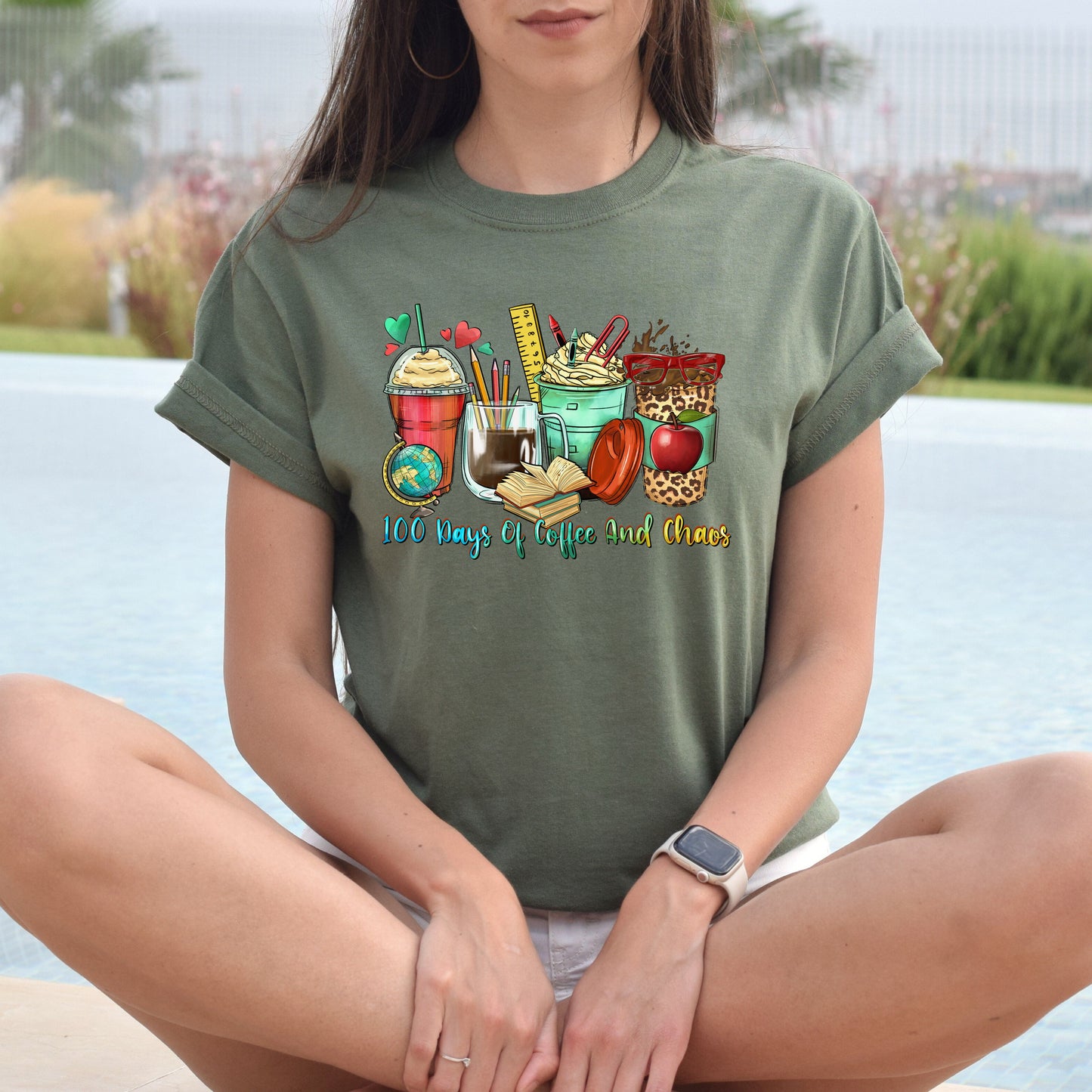 100 days of coffee and chaos coffee cups unisex tshirt 100 days of school S-5XL-Family-Gift-Planet