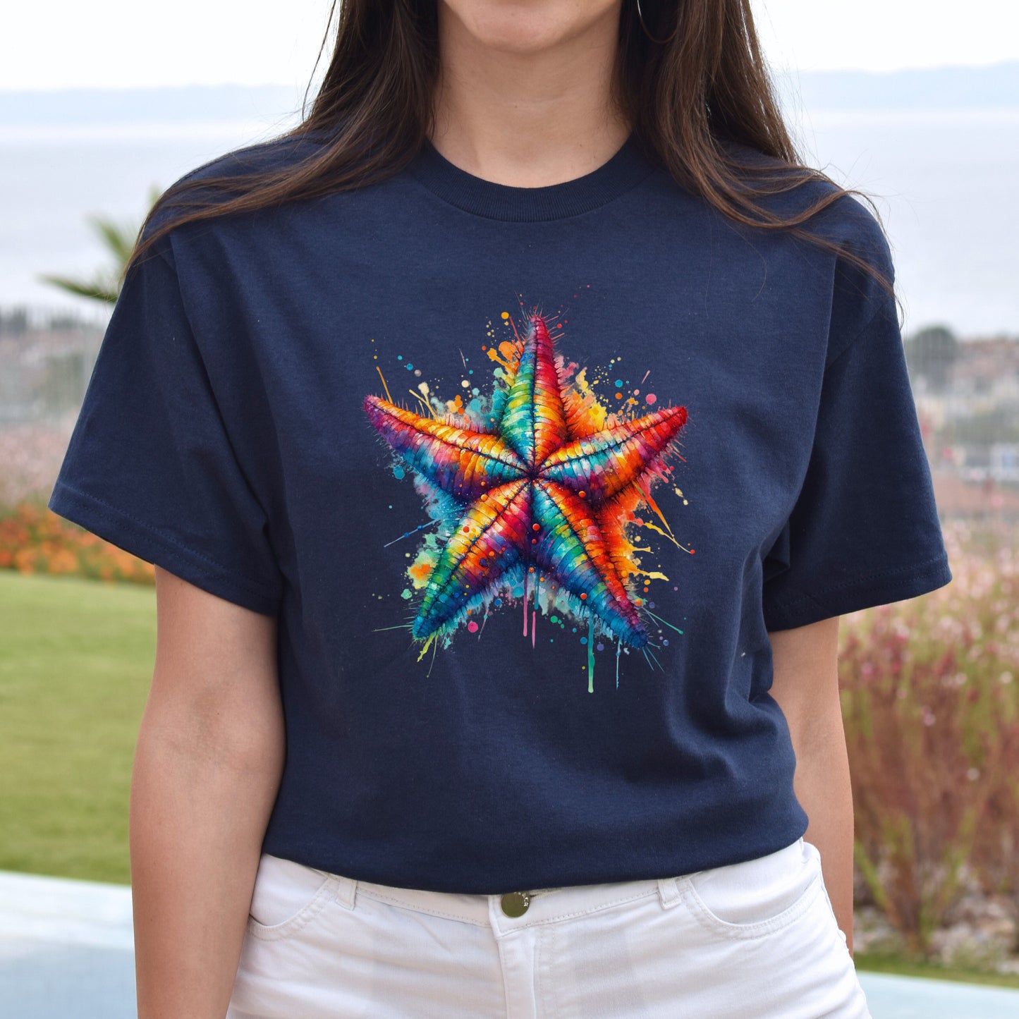 Artistic Sea Star Color Splash Unisex T-shirt Black Navy Dark Heather-Navy-Family-Gift-Planet