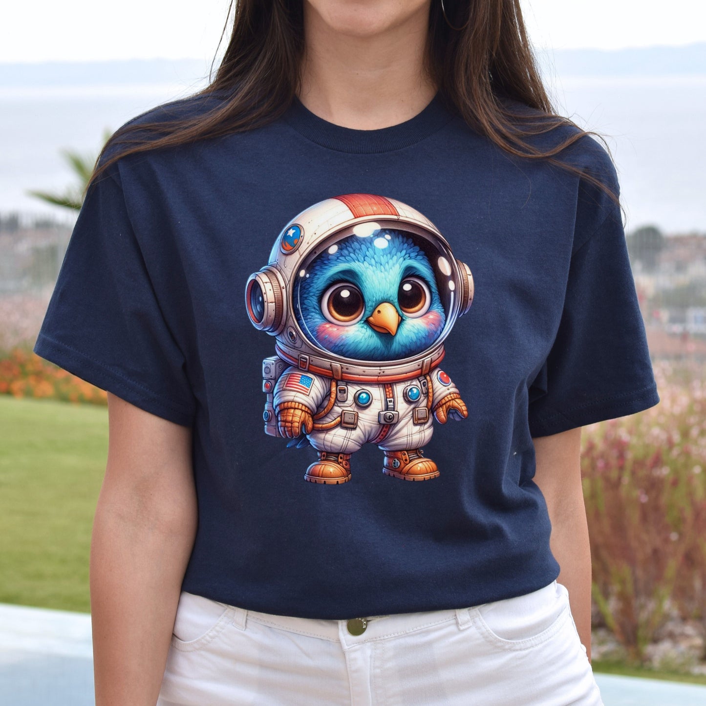 Bird US astronaut Unisex T-shirt cosmos lover cute bird tee Black Navy Dark Heather-Navy-Family-Gift-Planet