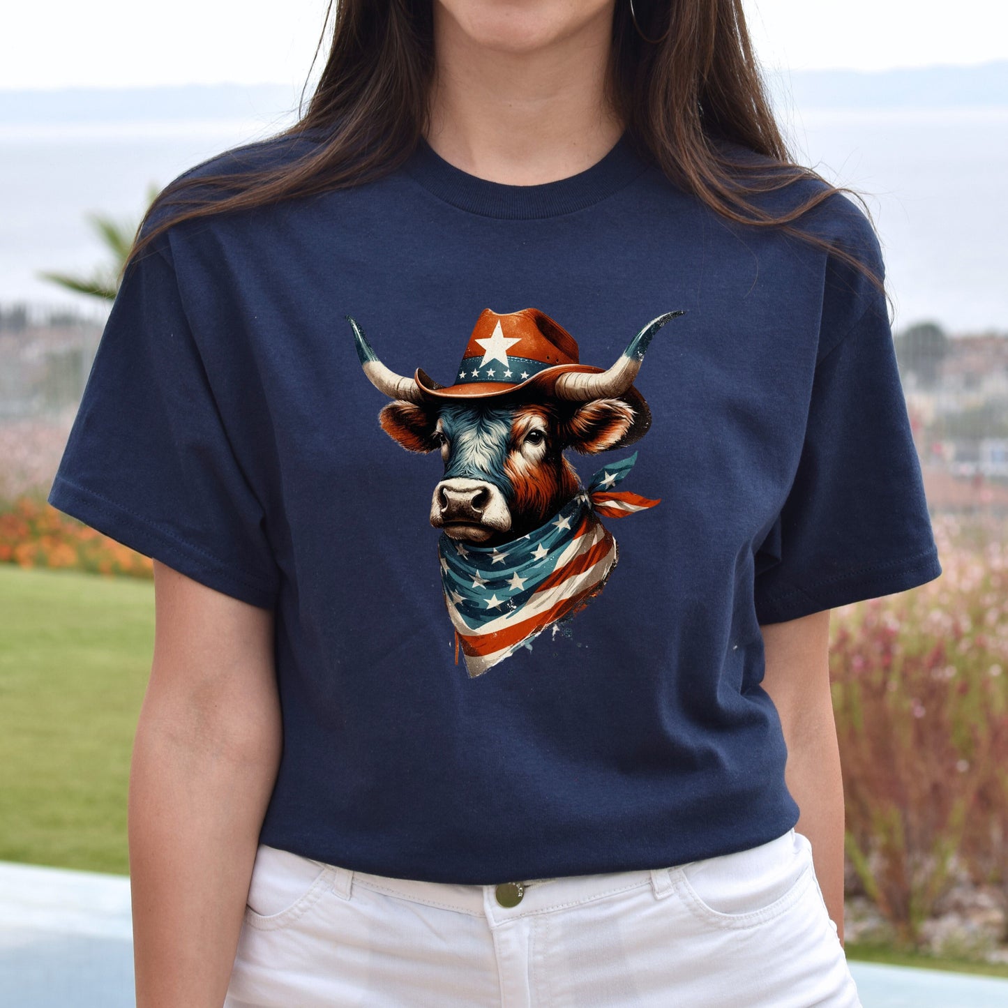 Texas Bull Unisex Tshirt Texas flag American flag patriotic tee Black Navy Dark Heather-Navy-Family-Gift-Planet