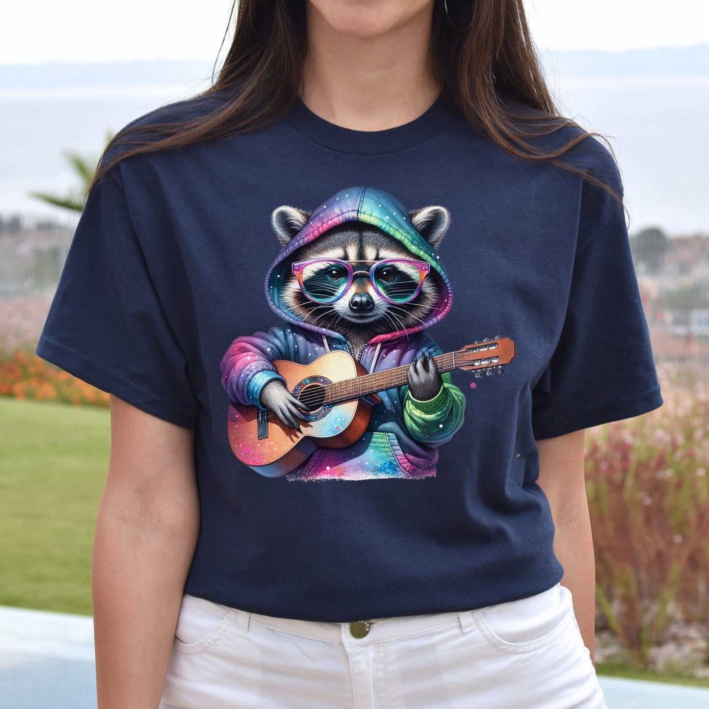Racoon guitarist Unisex T-Shirt acoustic guitar music teacher songwriter tee Black Navy Dark Heather-Navy-Family-Gift-Planet