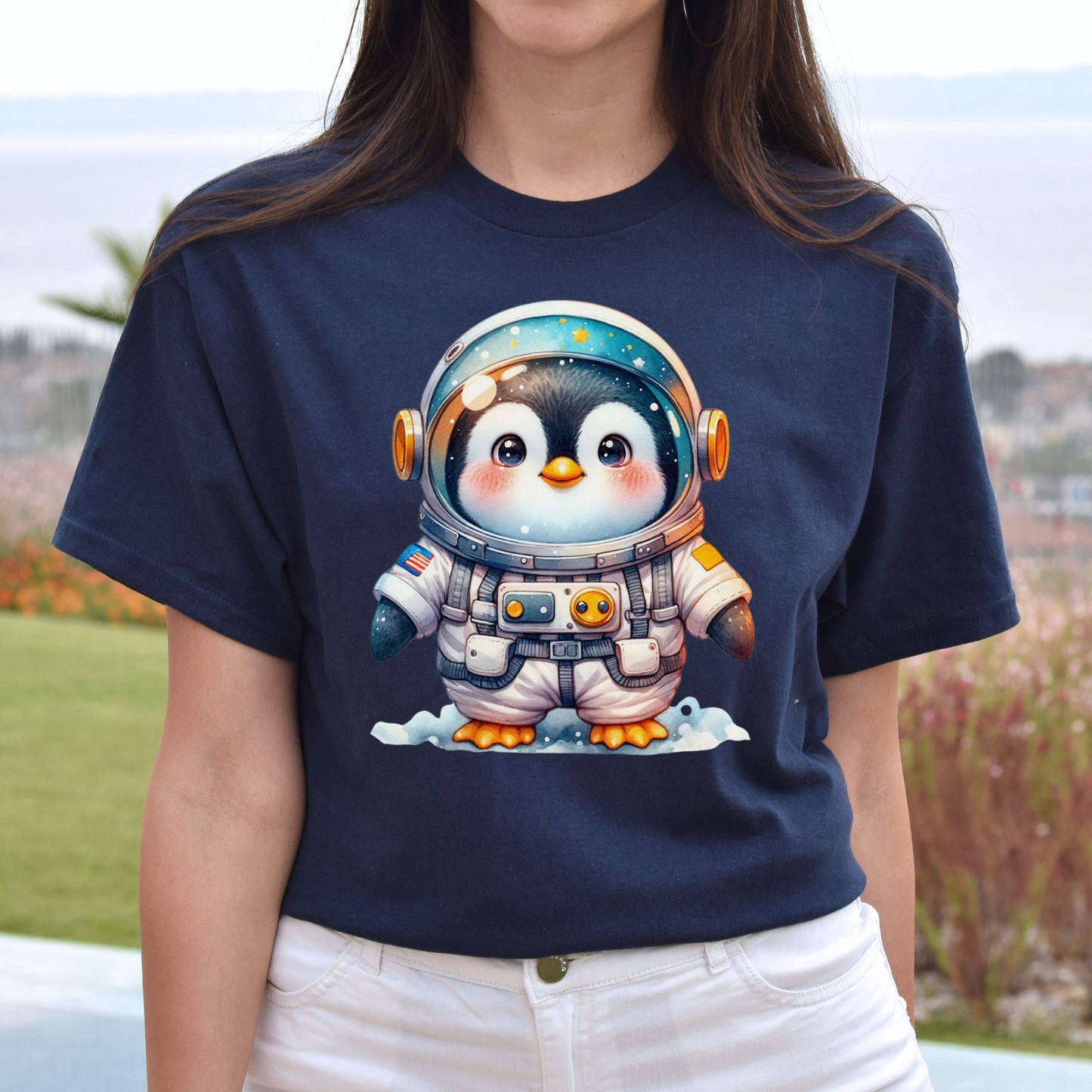 Penguin astronaut Unisex T-shirt cute animal cosmic tee Black Navy Dark Heather-Navy-Family-Gift-Planet