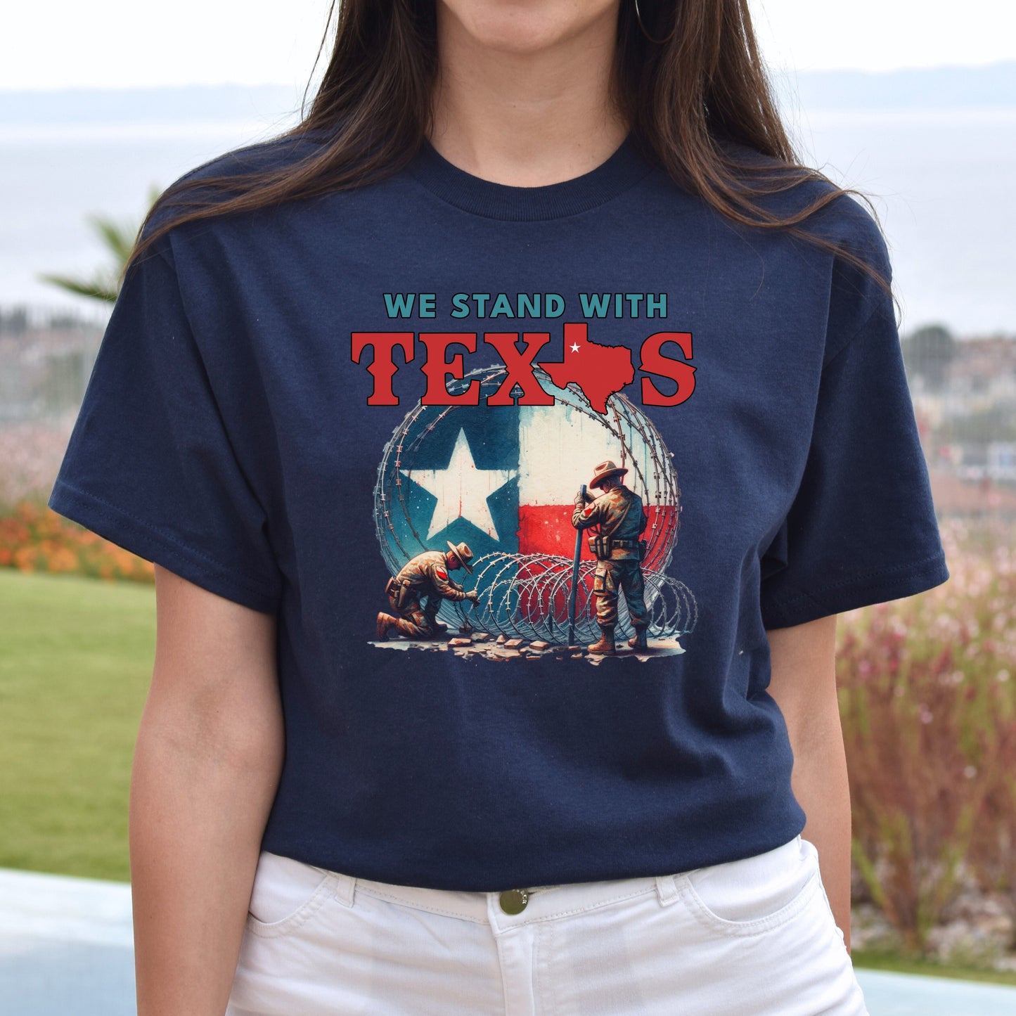 We stand with Texas Unisex Tshirt Texas border TX flag tee Black Navy Dark Heather-Navy-Family-Gift-Planet