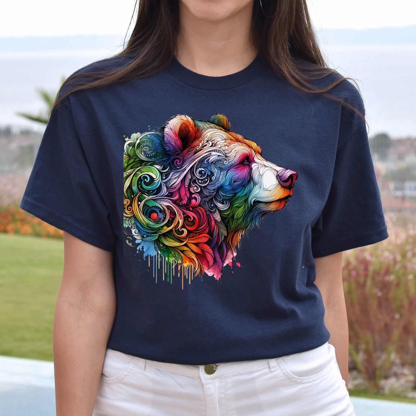 Bear colorful artistic Unisex T-shirt Black Navy Dark Heather-Navy-Family-Gift-Planet