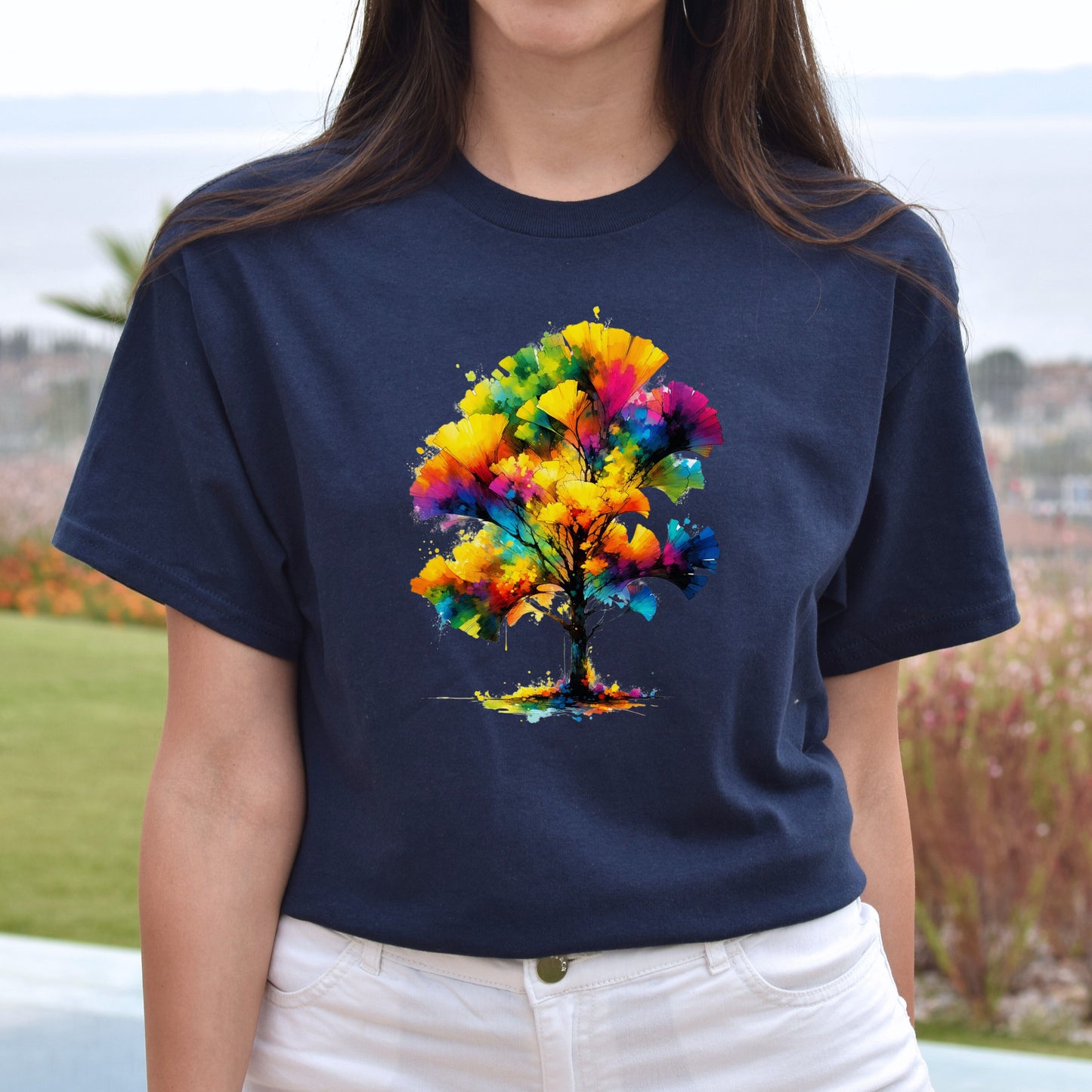 Abstract Ginkgo Tree Color Splash Unisex T-shirt Black Navy Dark Heather-Navy-Family-Gift-Planet