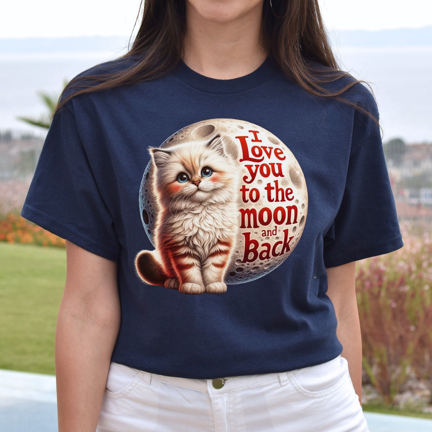 I love you to the moon in back Unisex T-shirt Cat and moon tee Black Navy Dark Heather-Navy-Family-Gift-Planet