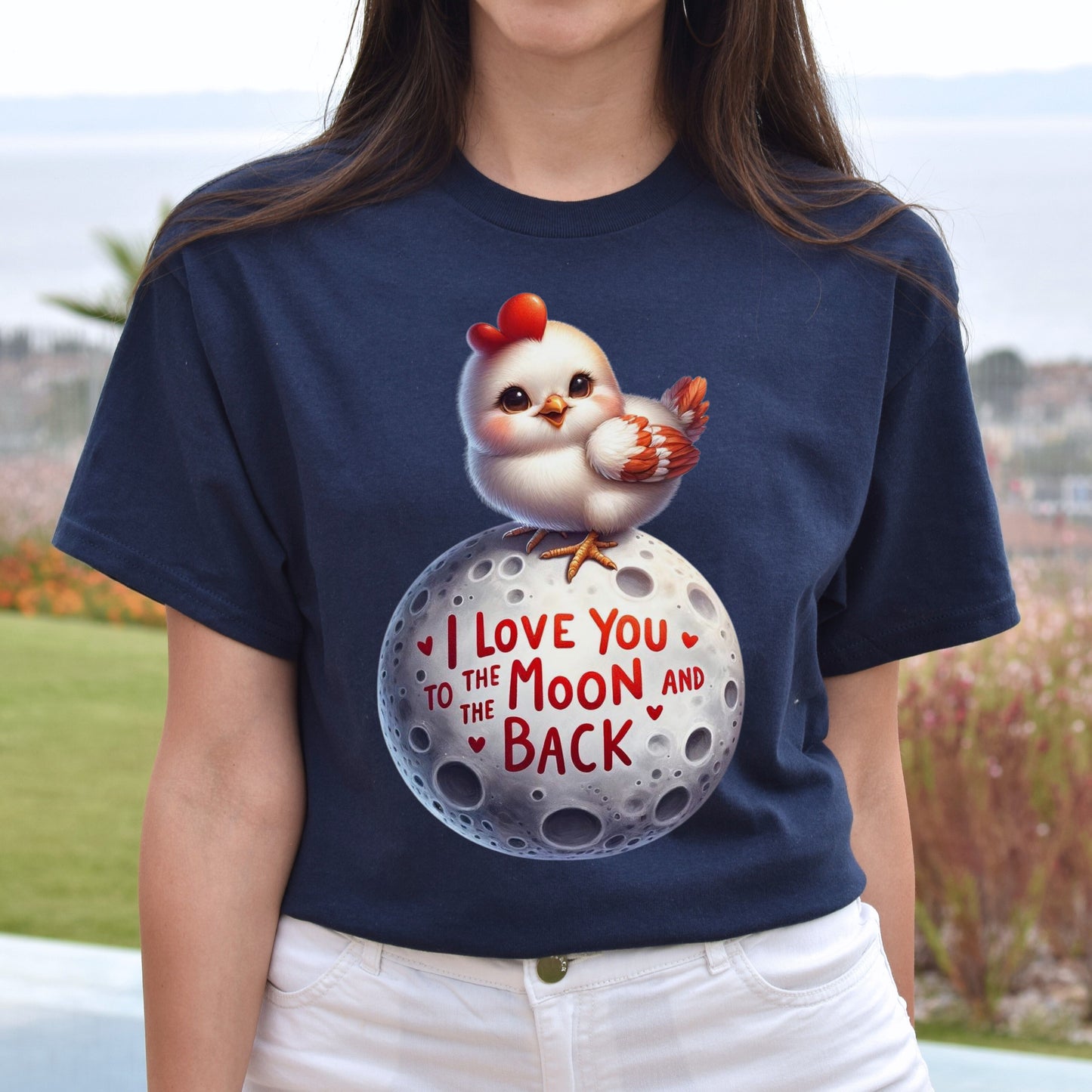 I love you to the moon in back chick Unisex T-shirt hen chicken on moon tee Black Navy Dark Heather-Navy-Family-Gift-Planet