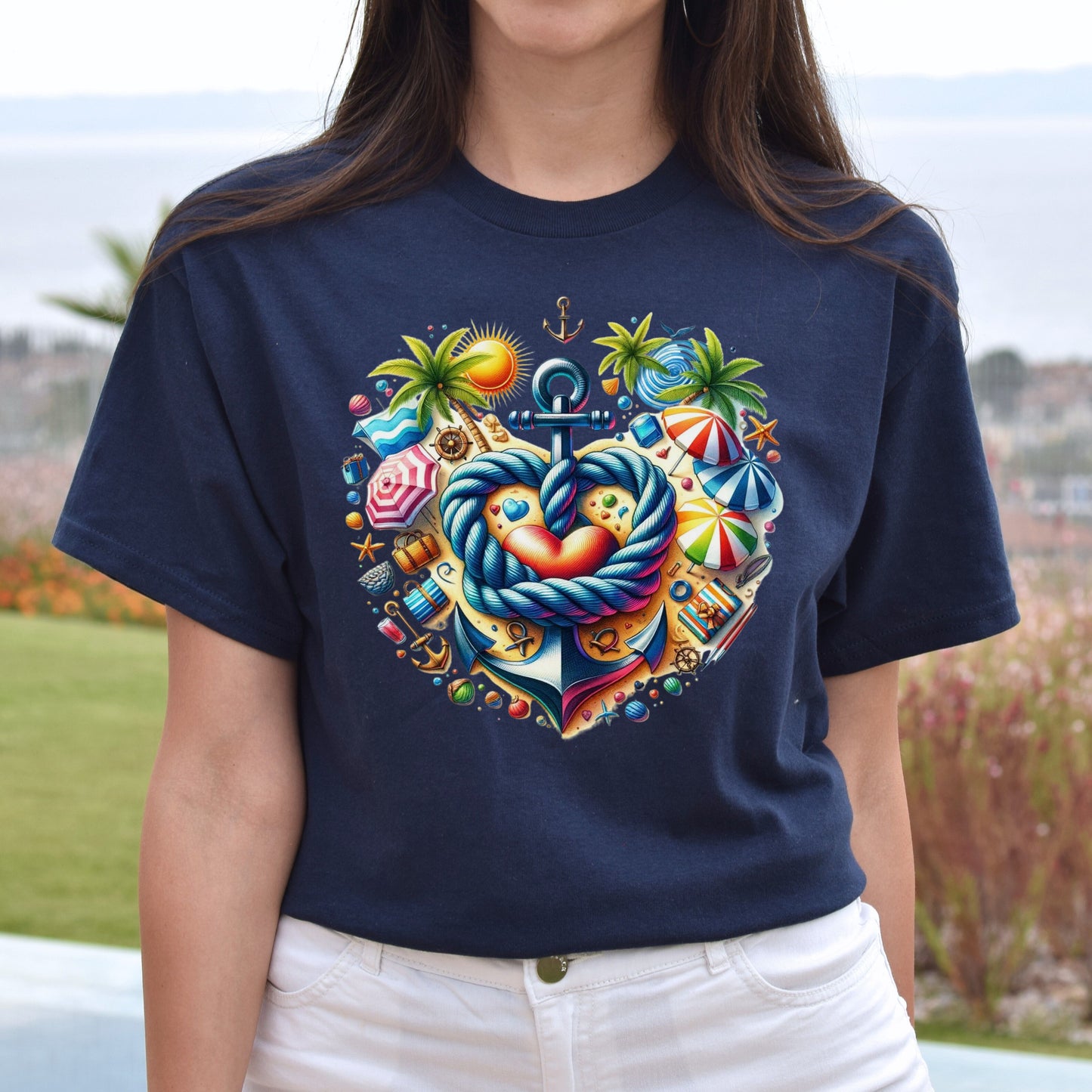 Summer beach Unisex T-shirt Anchor marine rope heart tee Black Navy Dark Heather-Navy-Family-Gift-Planet