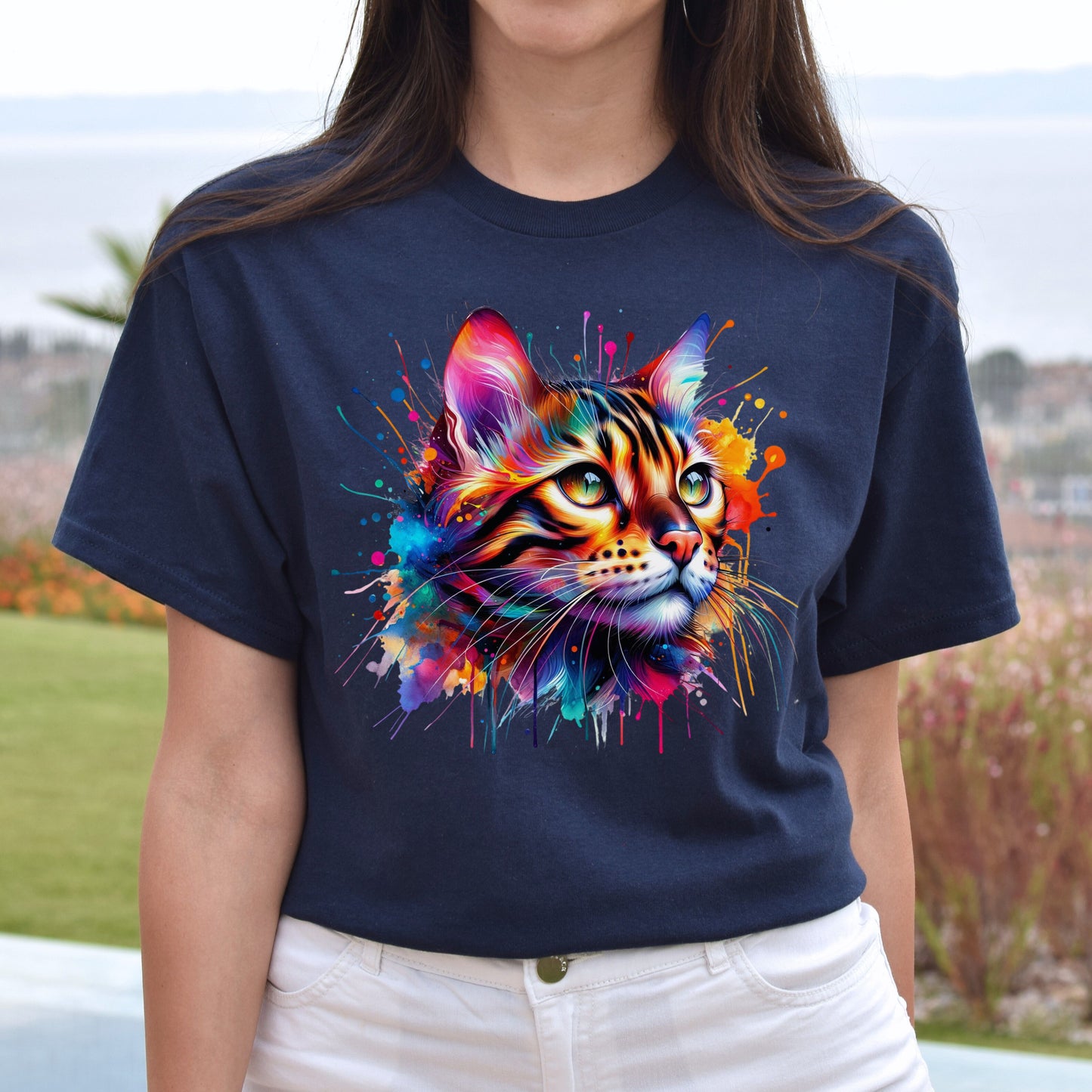 Bengal Cat mama Color Splash Unisex T-Shirt Black Navy Dark Heather-Navy-Family-Gift-Planet