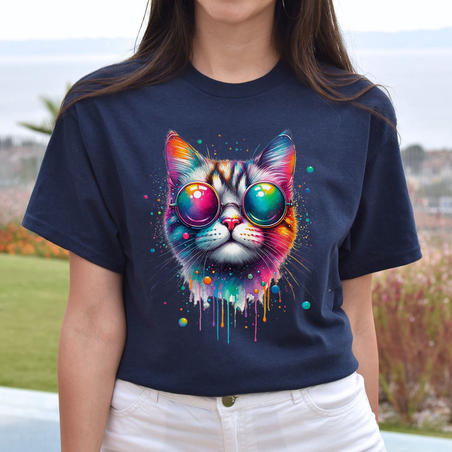 Cat with colorful eyeglasses Color Splash Unisex T-shirt Black Navy Dark Heather-Navy-Family-Gift-Planet