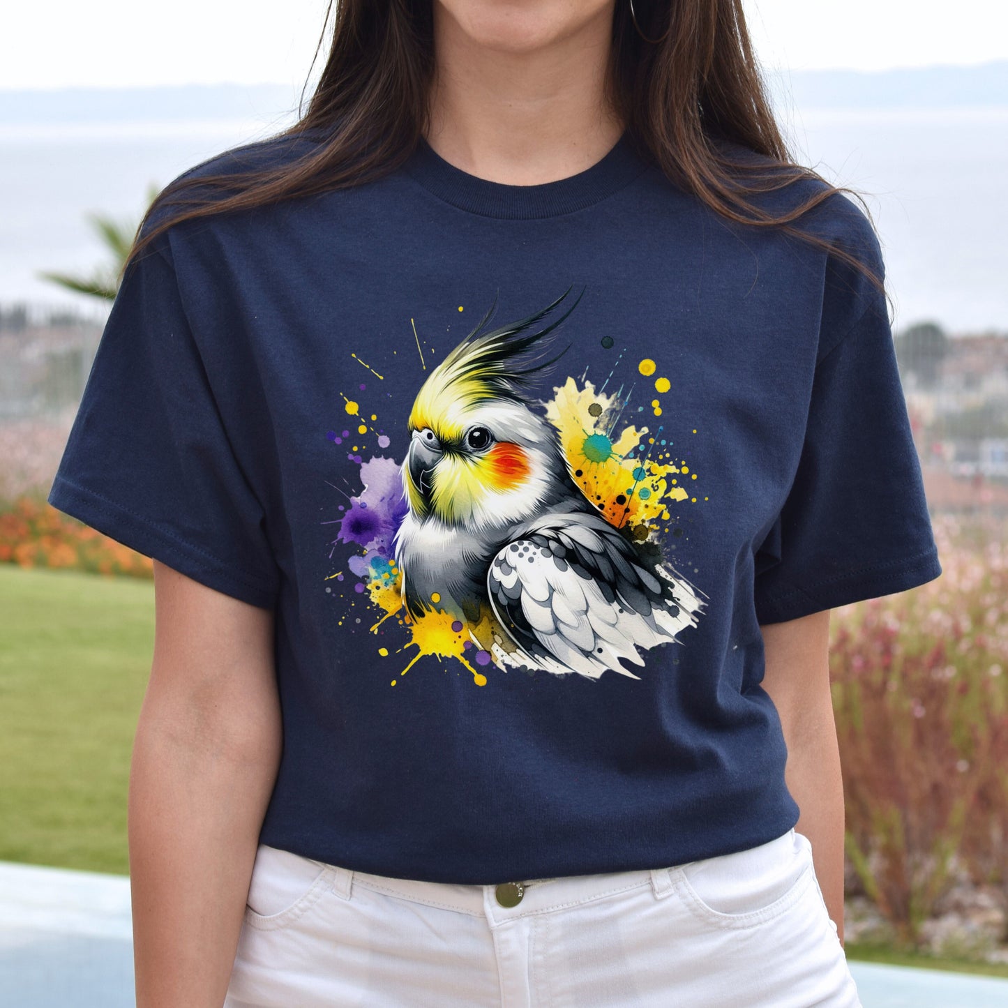 Cockatiel Mama Color Splash Unisex T-Shirt Black Navy Dark Heather-Navy-Family-Gift-Planet