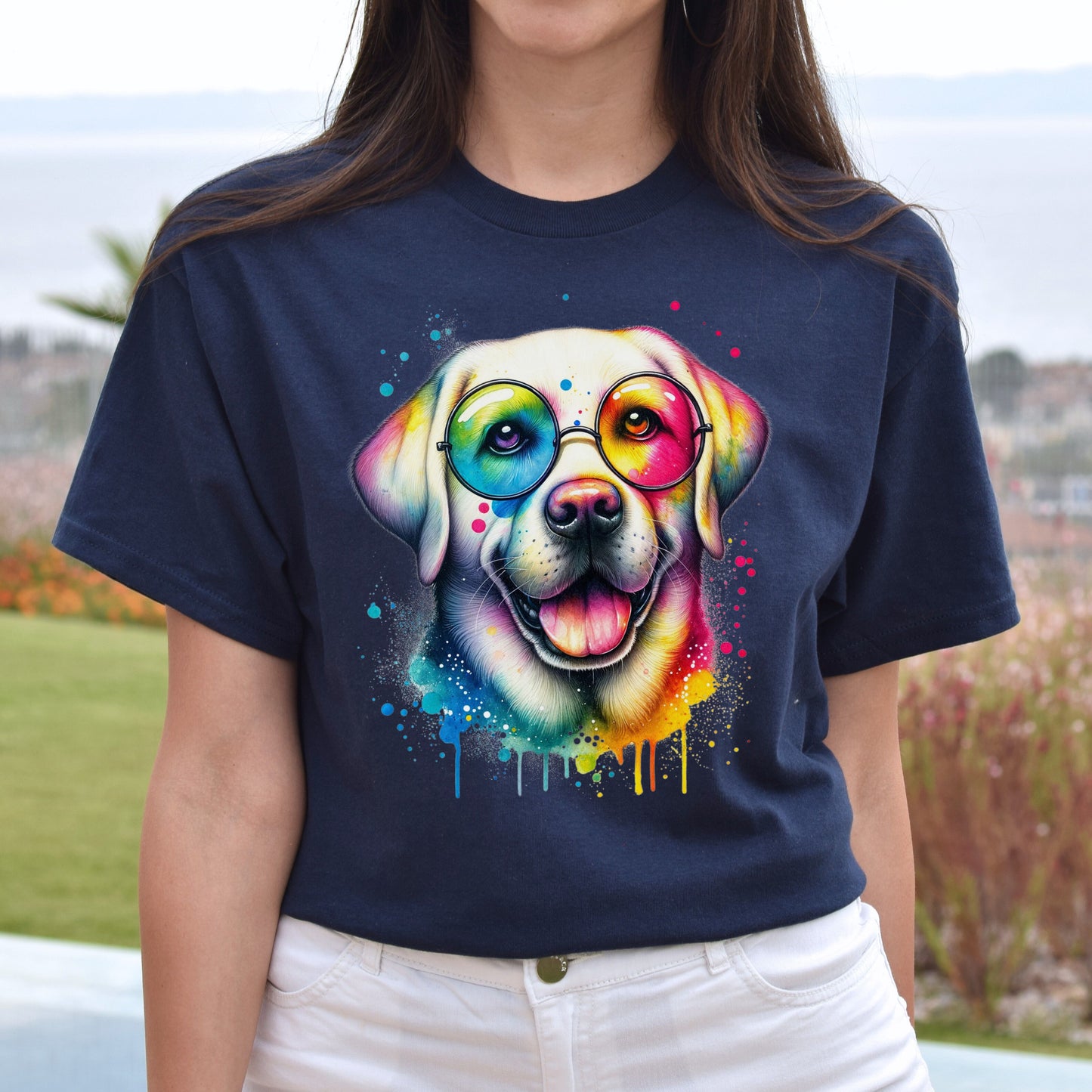 Labrador with eyeglasses Color Splash Unisex T-shirt Black Navy Dark Heather-Navy-Family-Gift-Planet