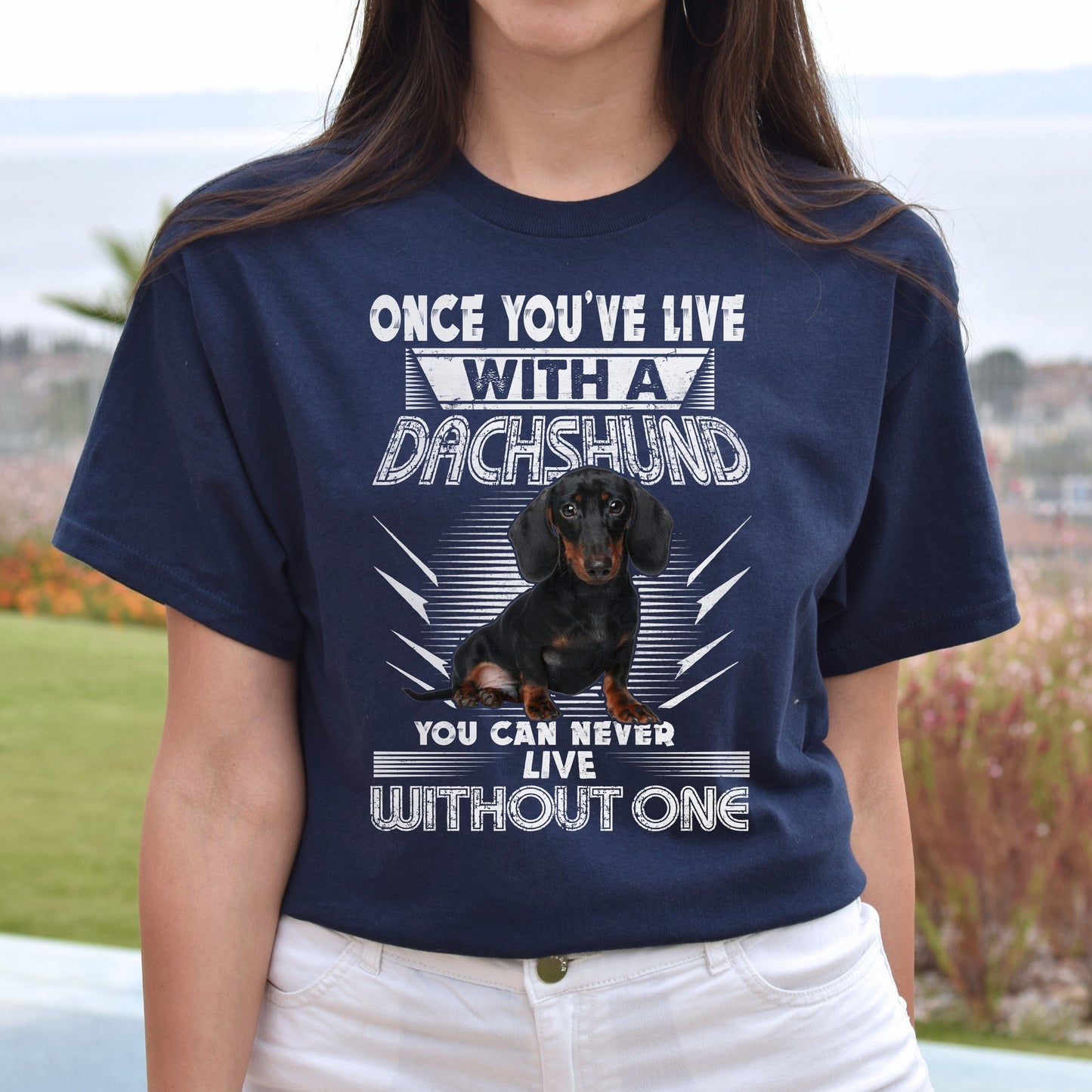 Live with a dachshund Unisex t-shirt gift Dachshund owner tee black navy dark heather-Navy-Family-Gift-Planet