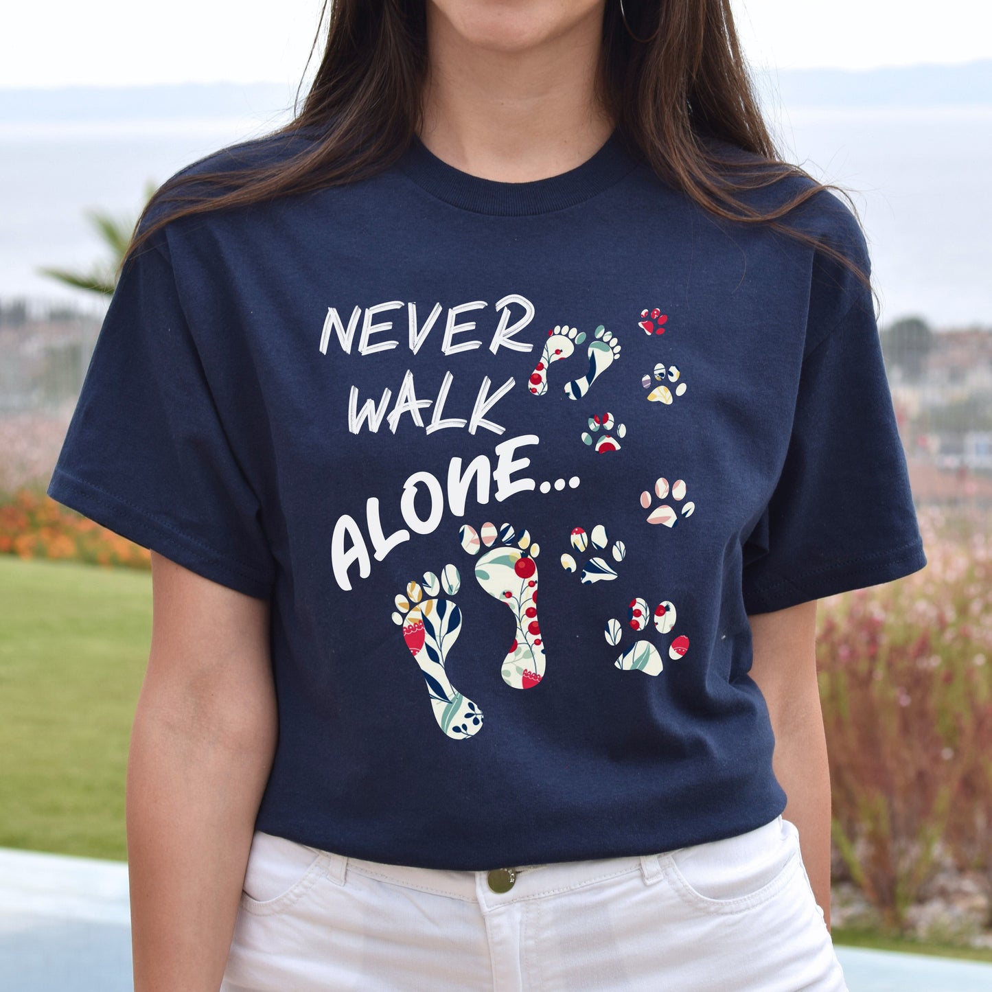 Never walk alone dog love Unisex t-shirt gift black navy dark heather-Navy-Family-Gift-Planet