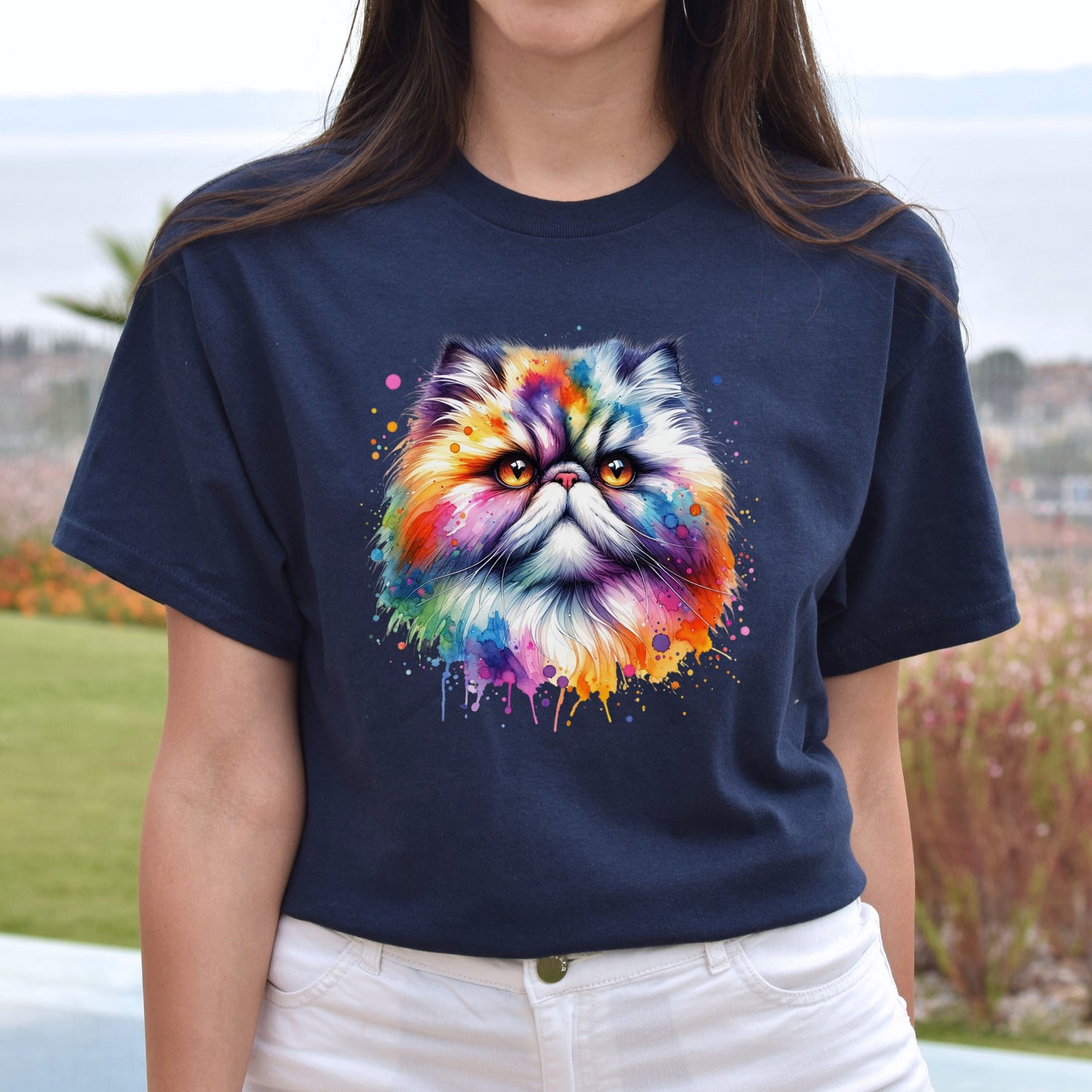 Persian Cat Color Splash Unisex T-Shirt Black Navy Dark Heather-Navy-Family-Gift-Planet