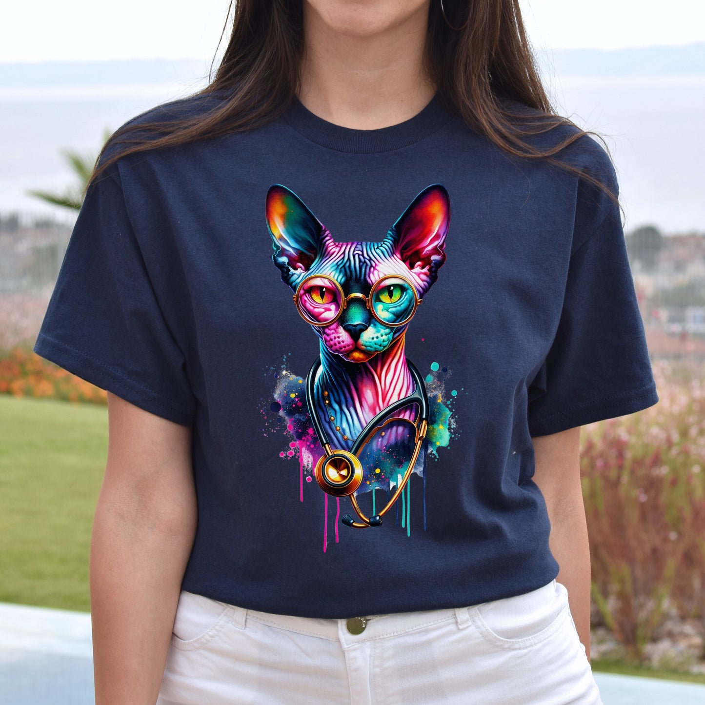 Sphynx cat nurse doctor Color Splash Unisex T-shirt Black Navy Dark Heather-Navy-Family-Gift-Planet