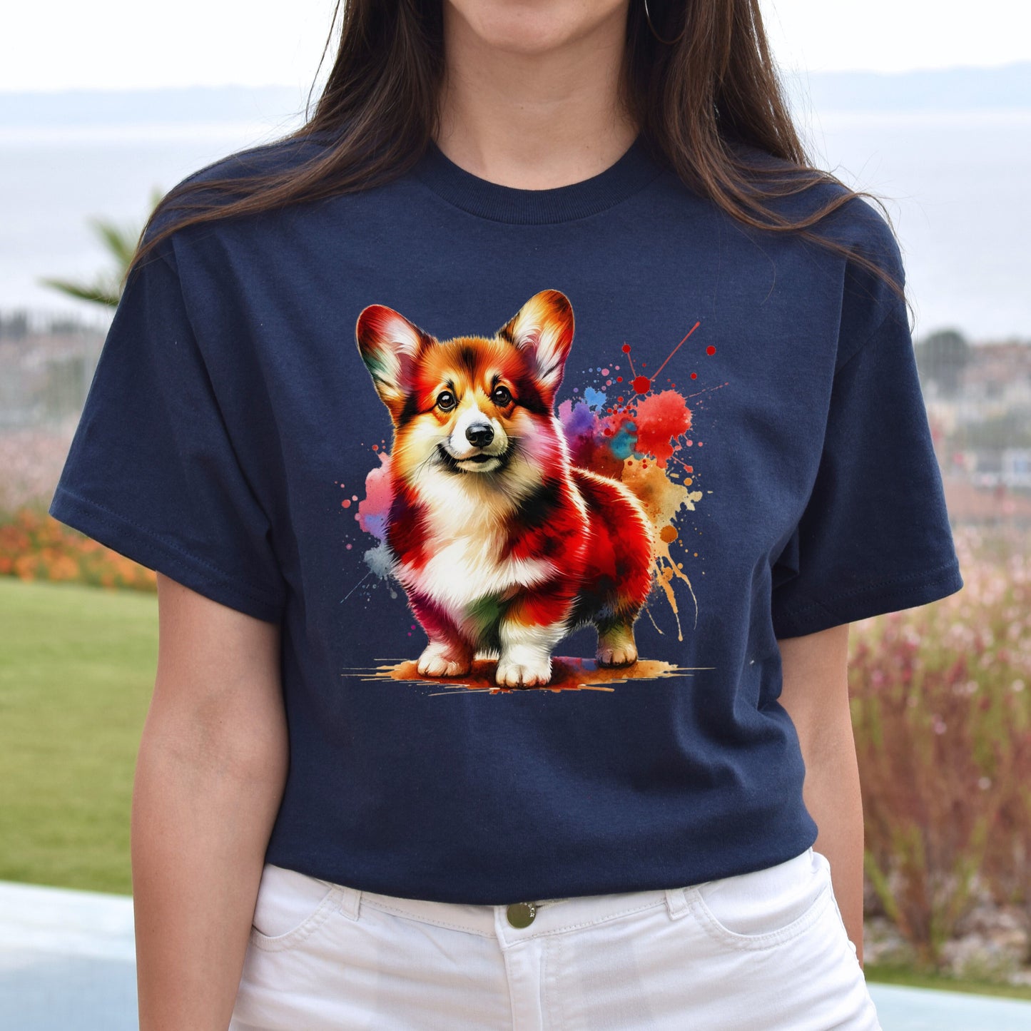 Welsh Corgi Color Splash Unisex T-Shirt Black Navy Dark Heather-Navy-Family-Gift-Planet