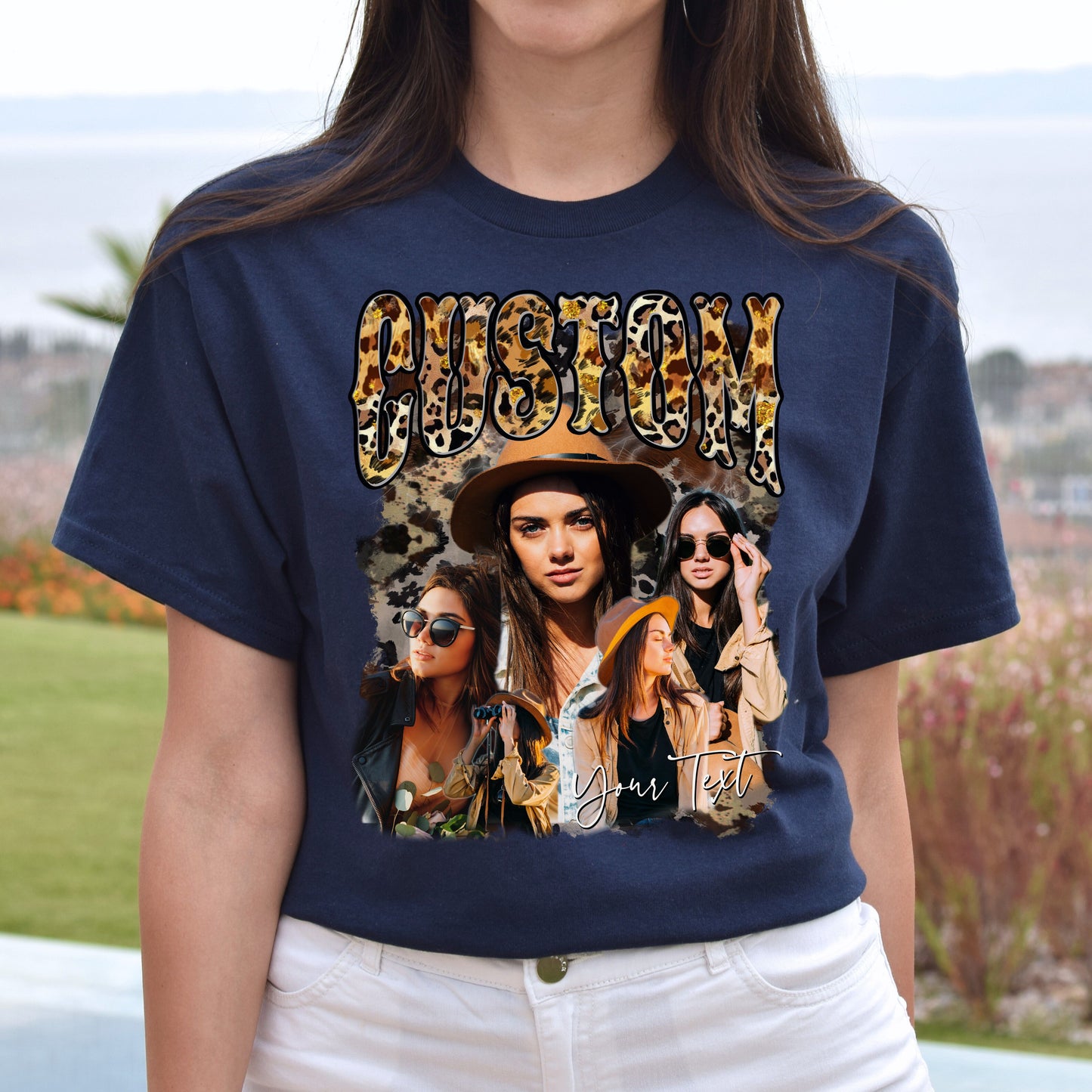 Custom Texas Girl Unisex T-Shirt Your pictures Leopard skin cool girl tee Black Navy Dark Heather-Navy-Family-Gift-Planet