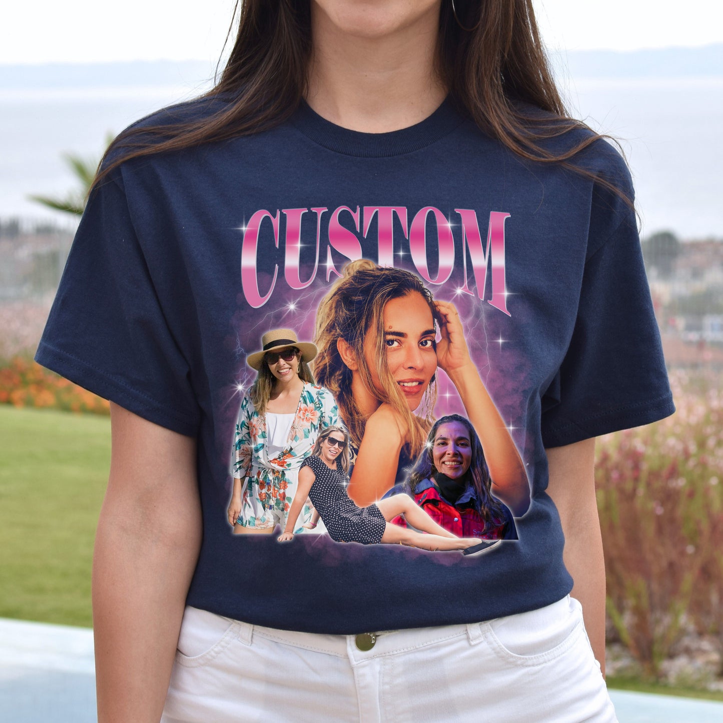 Custom gift for Boyfriend Unisex T-Shirt Your own pictures vintage style bootleg tee Black Navy Dark Heather-Navy-Family-Gift-Planet