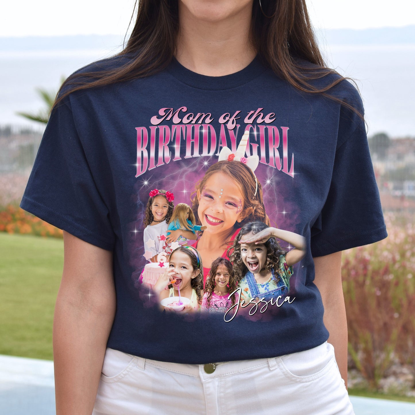 Custom Mom of the Birthday Girl Unisex T-Shirt Your pictures Birthday daughter mama tee Black Navy Dark Heather-Navy-Family-Gift-Planet