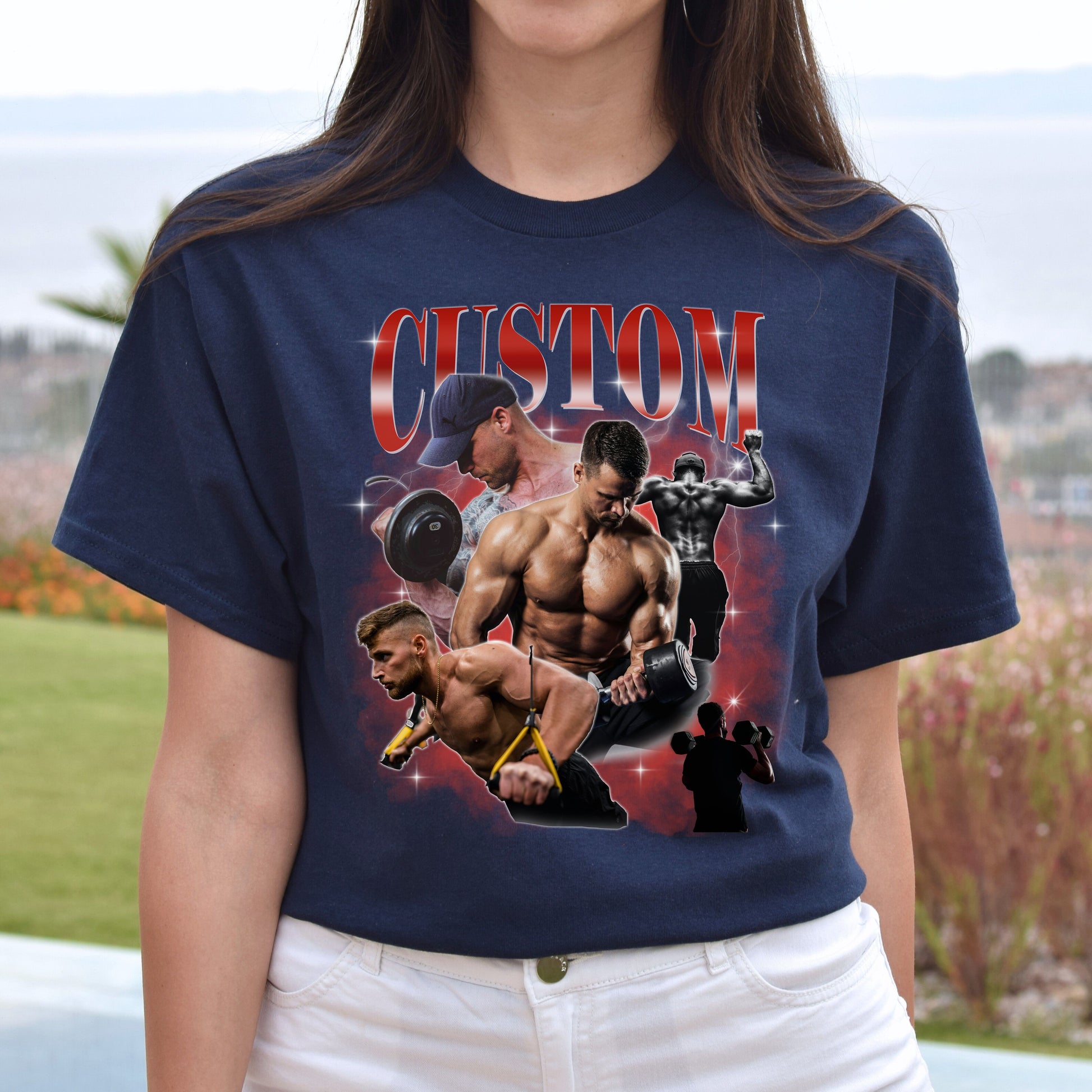 Custom Gym bootleg rap Unisex T-Shirt Your pictures vintage style weightlift tee Black Navy Dark Heather-Navy-Family-Gift-Planet