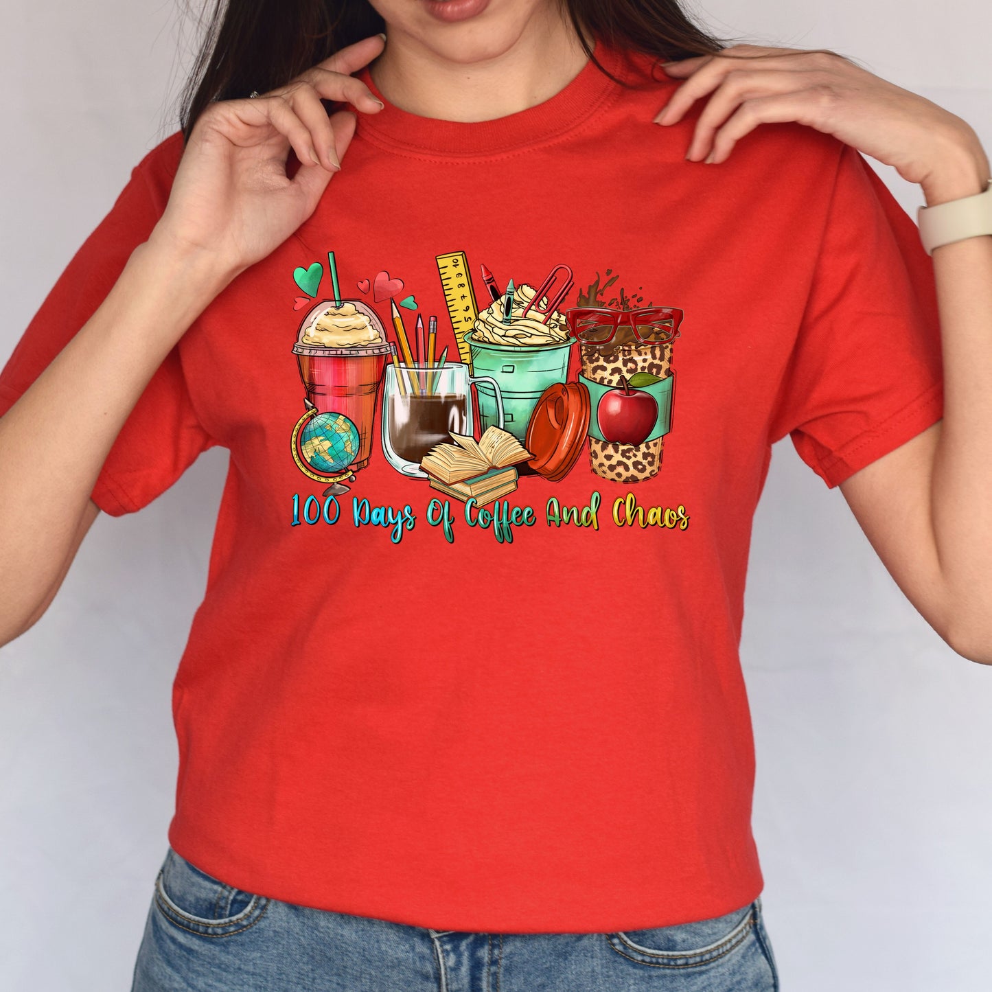 100 days of coffee and chaos coffee cups unisex tshirt 100 days of school S-5XL-Family-Gift-Planet