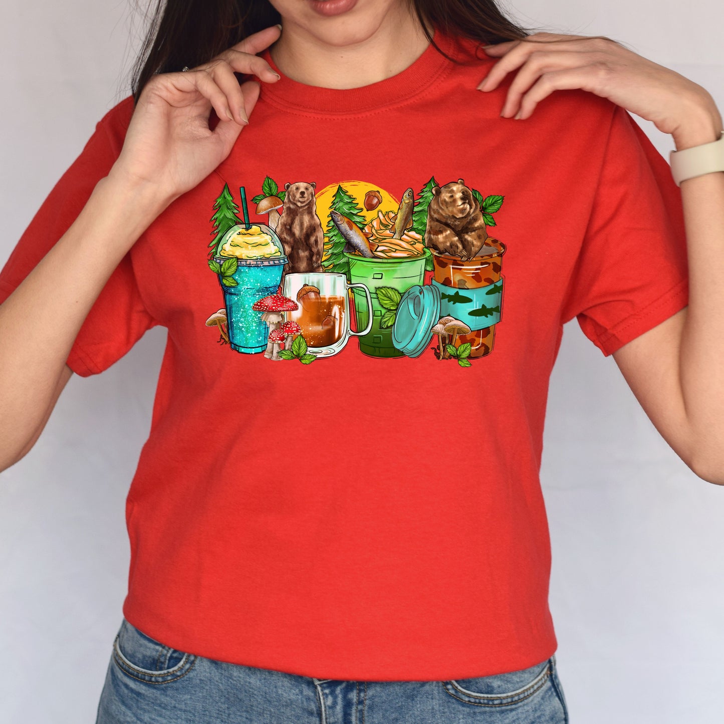 Bear and coffee cups unisex tshirt forest hunter tee S-5XL-Family-Gift-Planet