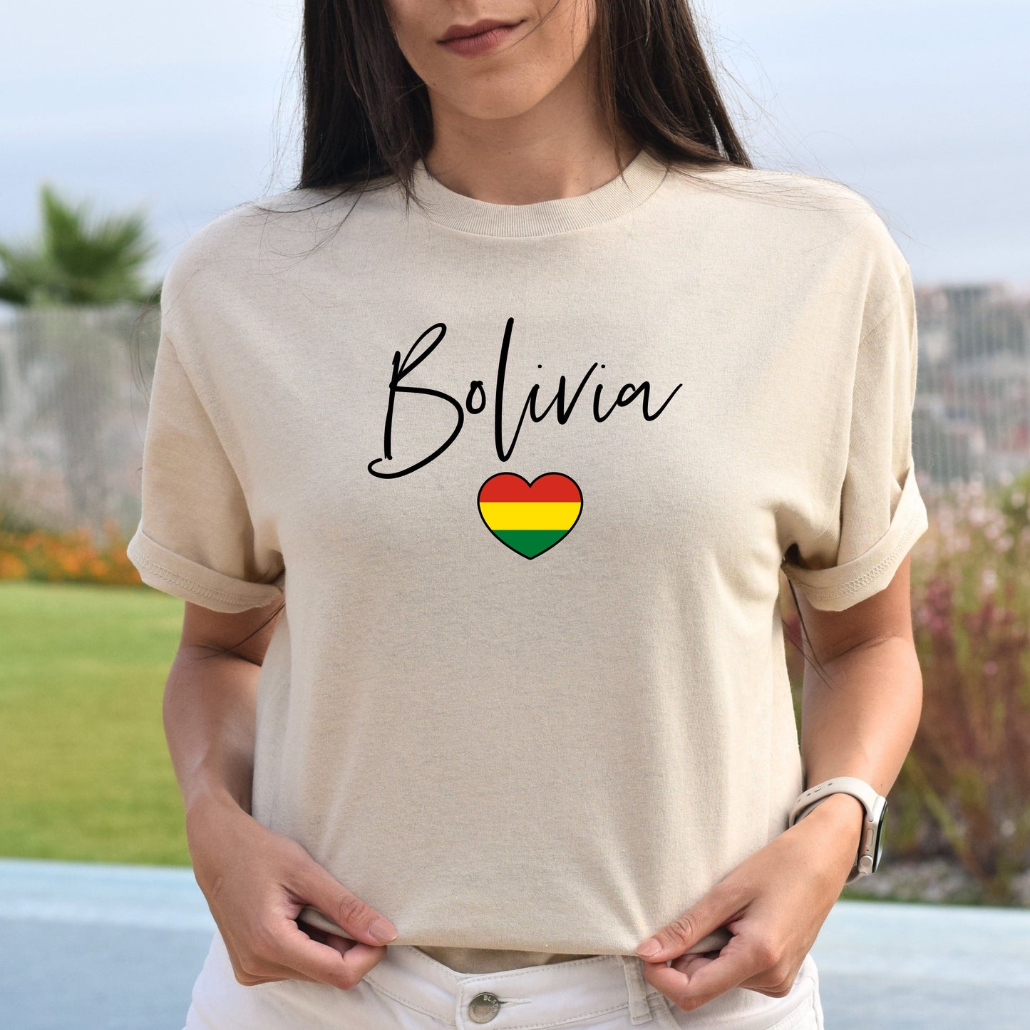 Bolivia flag heart Unisex T-shirt Bolivia love tee White Sand Blue-Sand-Family-Gift-Planet