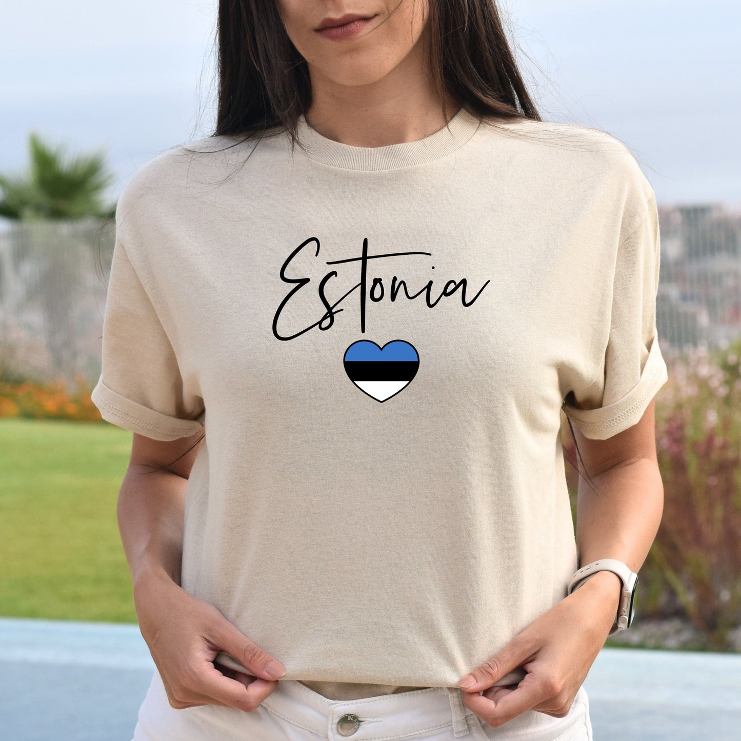 Estonia flag heart Unisex T-shirt Estonia love tee White Sand Blue-White-Family-Gift-Planet