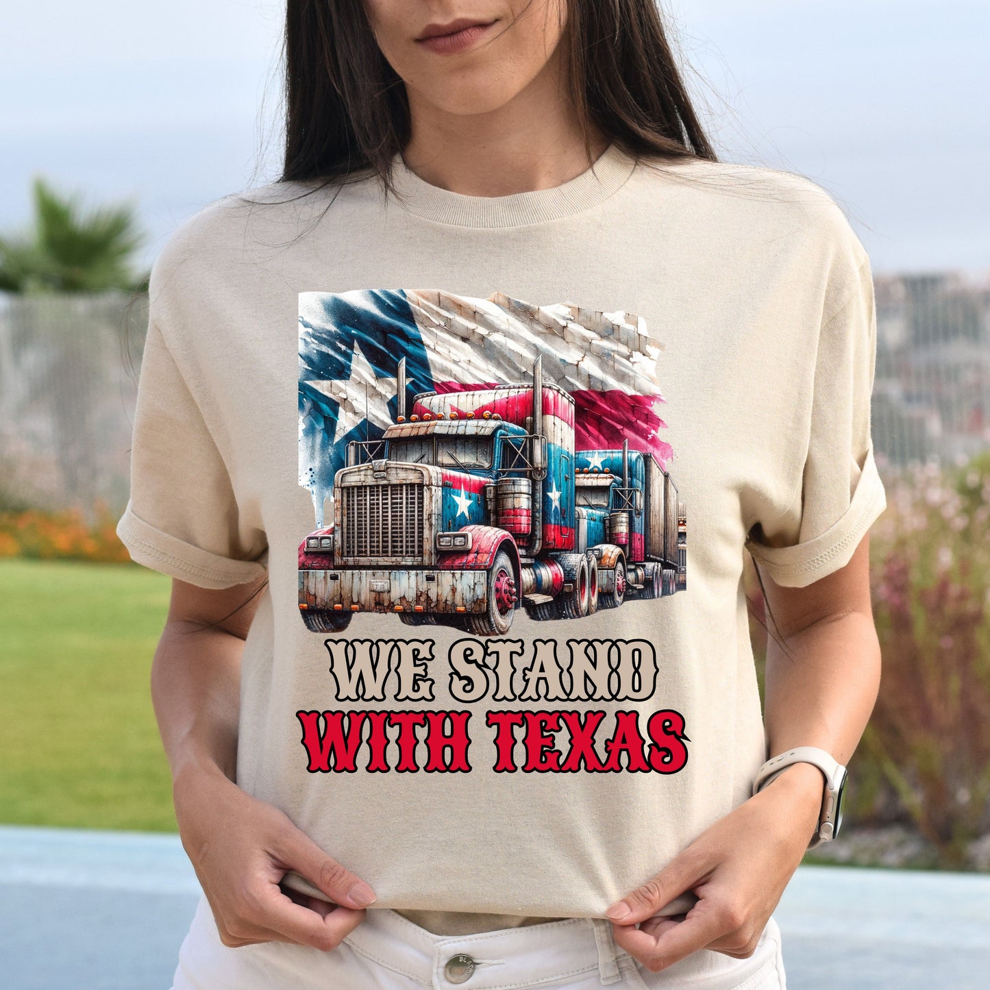 We stand with Texas Unisex Tshirt border truck Texas black-Sand-Family-Gift-Planet