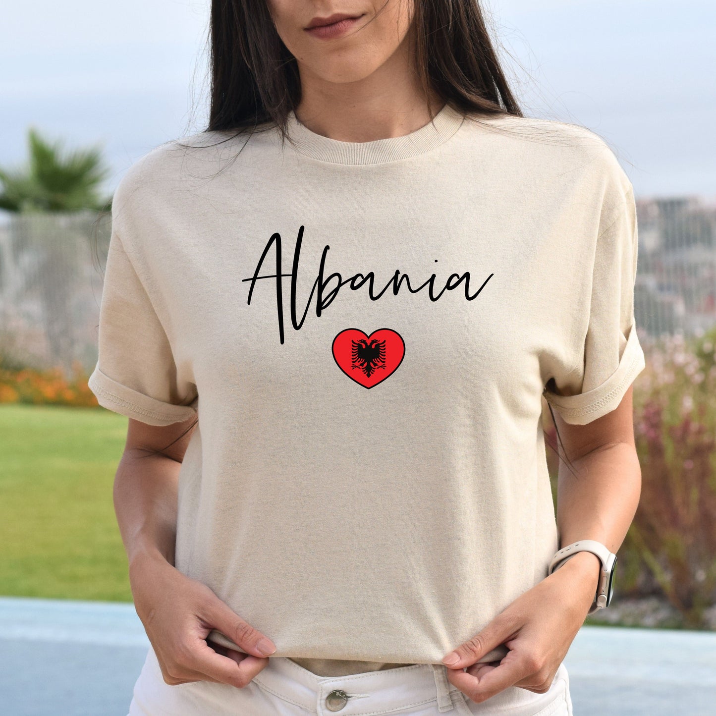 Albania flag heart Unisex T-shirt Albania love tee White Sand Blue-Sand-Family-Gift-Planet