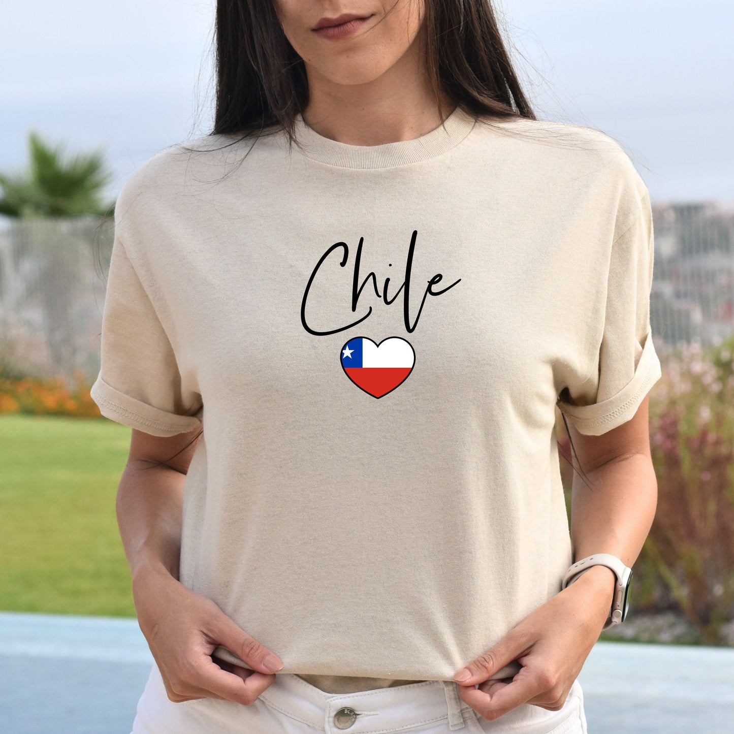 Chile flag heart Unisex T-shirt Chile love tee White Sand Blue-Sand-Family-Gift-Planet